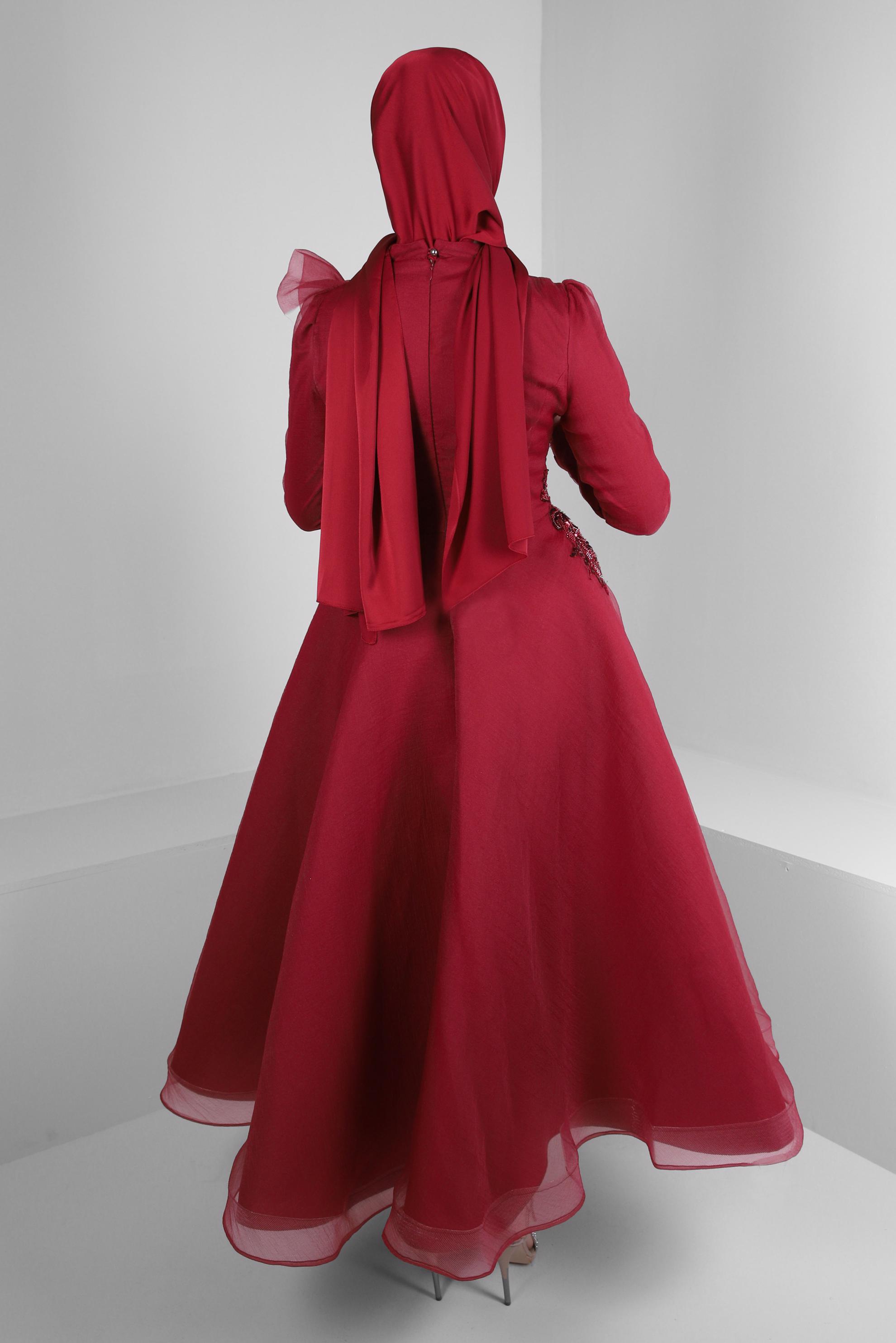 Tesettür giyim BORDO PUL PAYET İŞLEMELİ FIRFIR DETAYLI ABİYE ELBİSE 50373