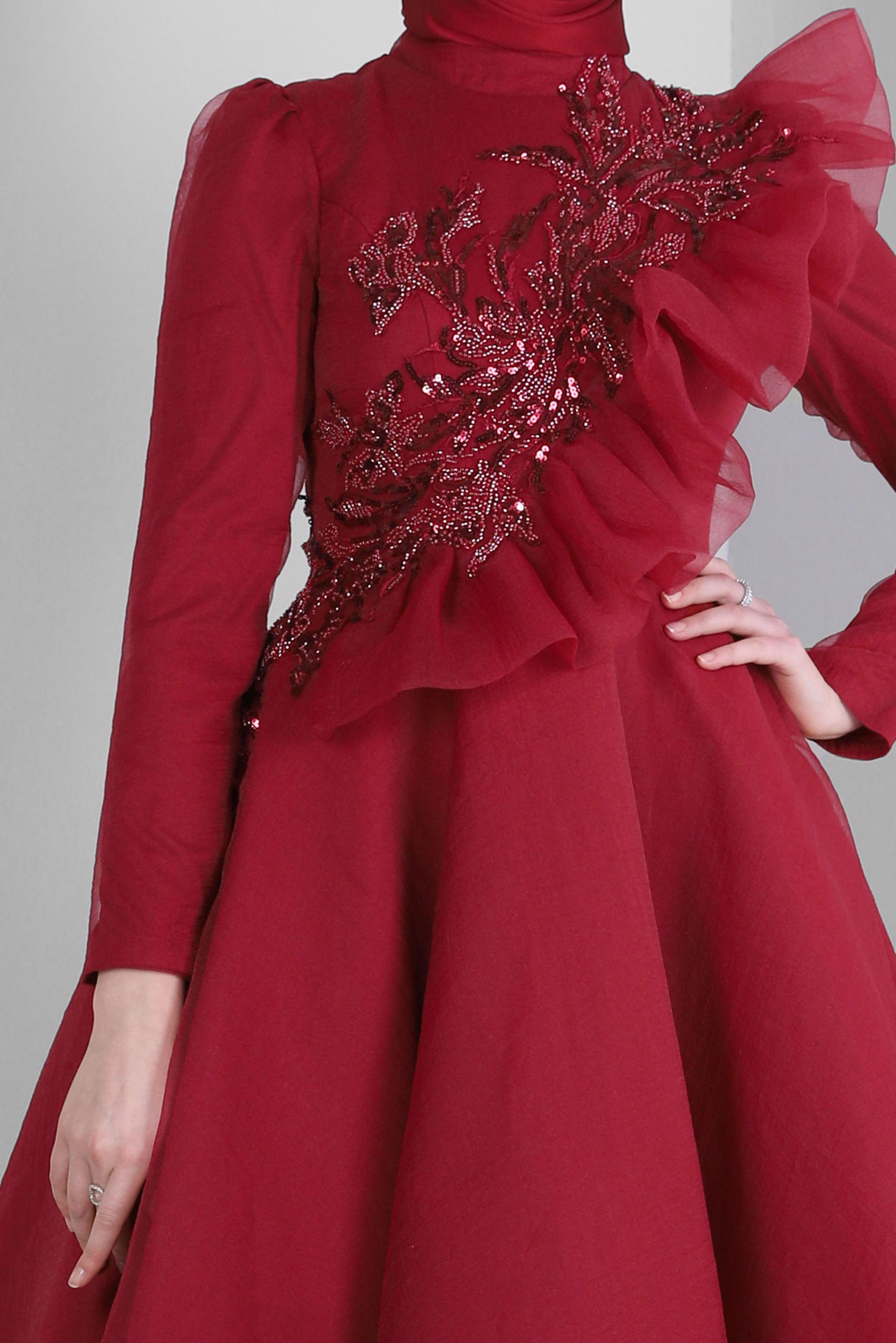 Tesettür giyim BORDO PUL PAYET İŞLEMELİ FIRFIR DETAYLI ABİYE ELBİSE 50373