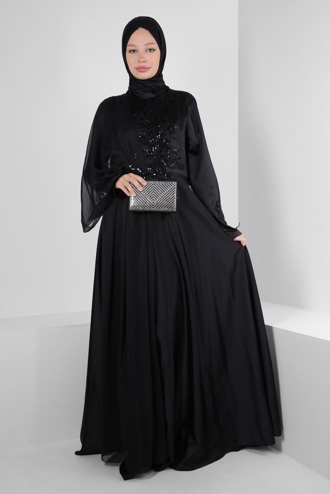 Vêtements hijab NOIR ROBE DE SOIRÉE EN SATIN À SEQUINS ET DÉTAIL EN TULLE 50374 - ALVİNA