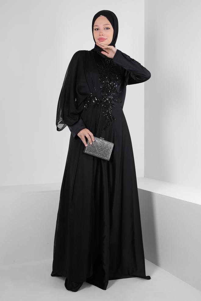 Vêtements hijab NOIR ROBE DE SOIRÉE EN SATIN À SEQUINS ET DÉTAIL EN TULLE 50374 - ALVİNA
