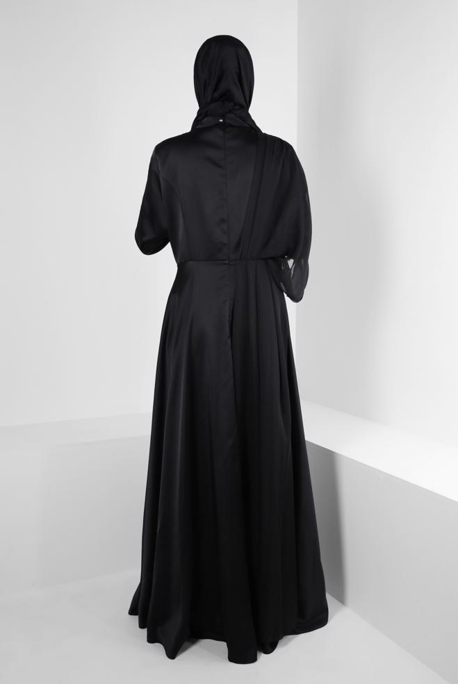Vêtements hijab NOIR ROBE DE SOIRÉE EN SATIN À SEQUINS ET DÉTAIL EN TULLE 50374 - ALVİNA