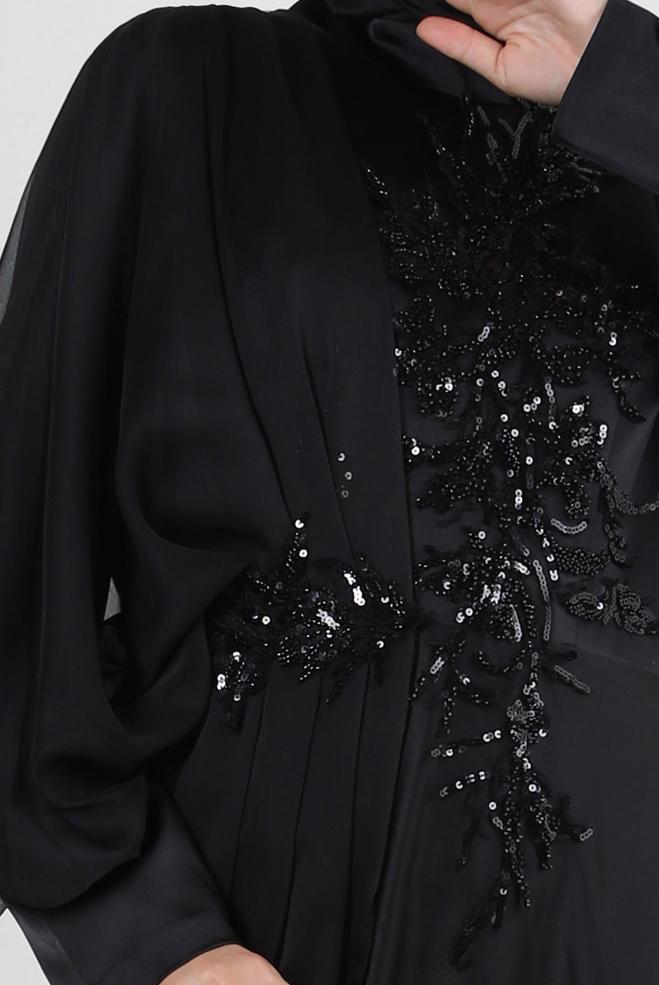 Vêtements hijab NOIR ROBE DE SOIRÉE EN SATIN À SEQUINS ET DÉTAIL EN TULLE 50374 - ALVİNA