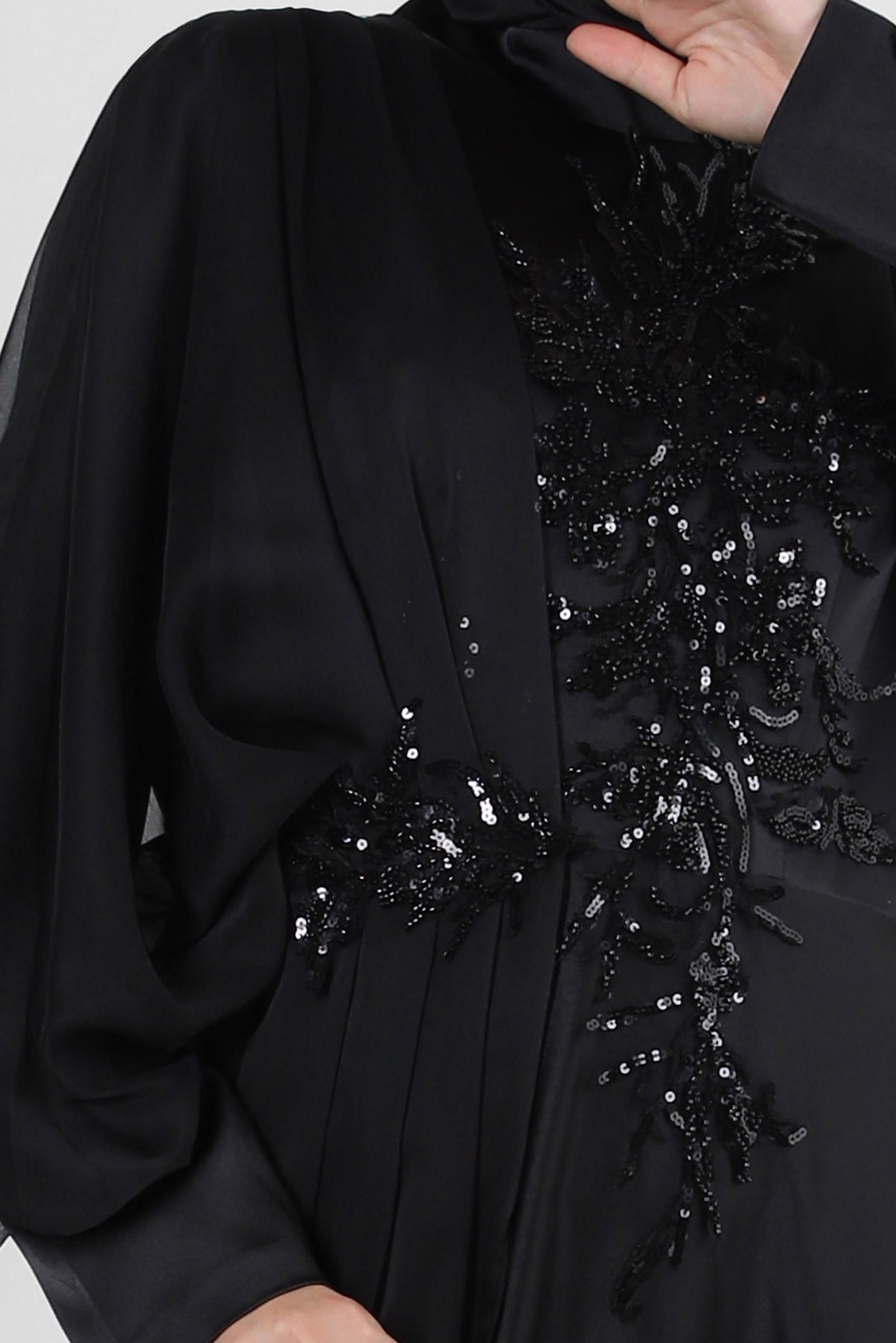 Vêtements hijab NOIR ROBE DE SOIRÉE EN SATIN À SEQUINS ET DÉTAIL EN TULLE 50374