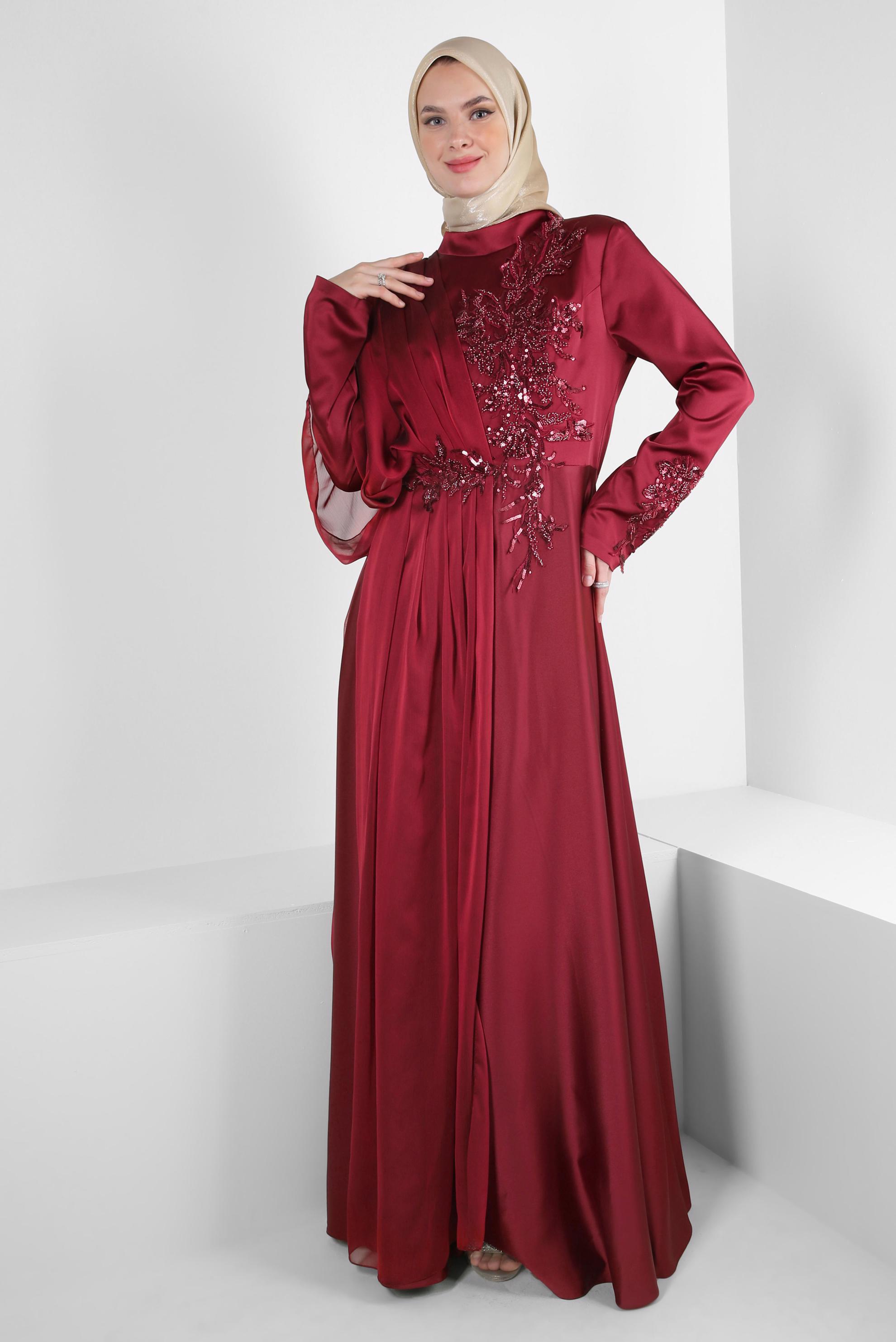 Vêtements hijab ROUGE BORDEAUX ROBE DE SOIRÉE EN SATIN À SEQUINS ET DÉTAIL EN TULLE 50374