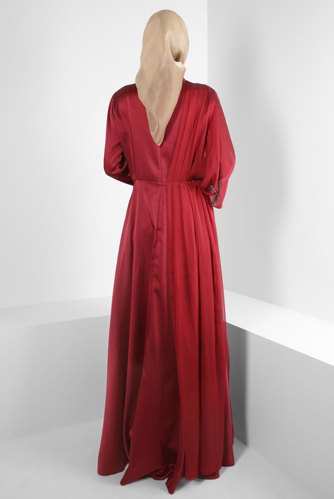 Vêtements hijab ROUGE BORDEAUX ROBE DE SOIRÉE EN SATIN À SEQUINS ET DÉTAIL EN TULLE 50374 - ALVİNA