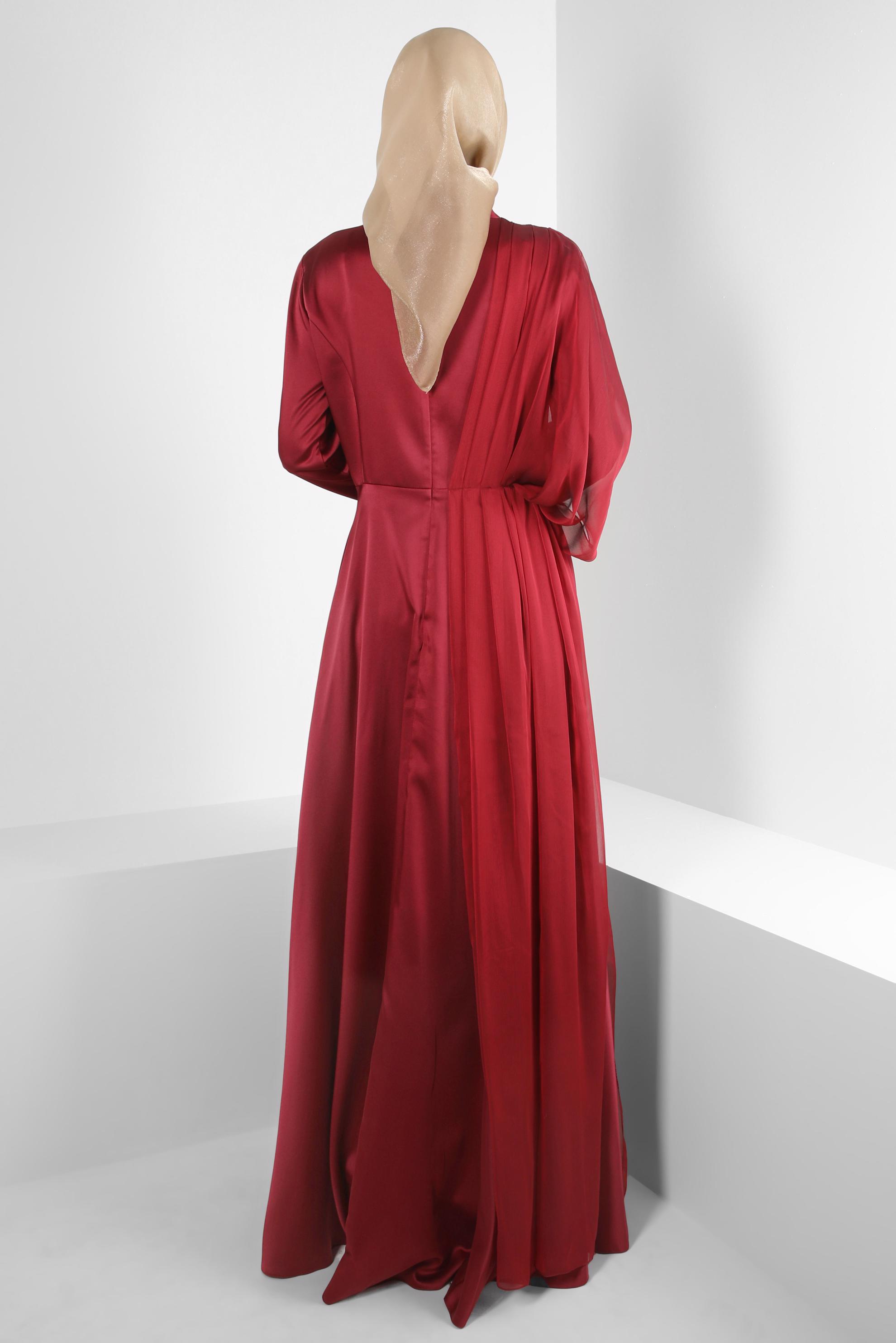 Vêtements hijab ROUGE BORDEAUX ROBE DE SOIRÉE EN SATIN À SEQUINS ET DÉTAIL EN TULLE 50374