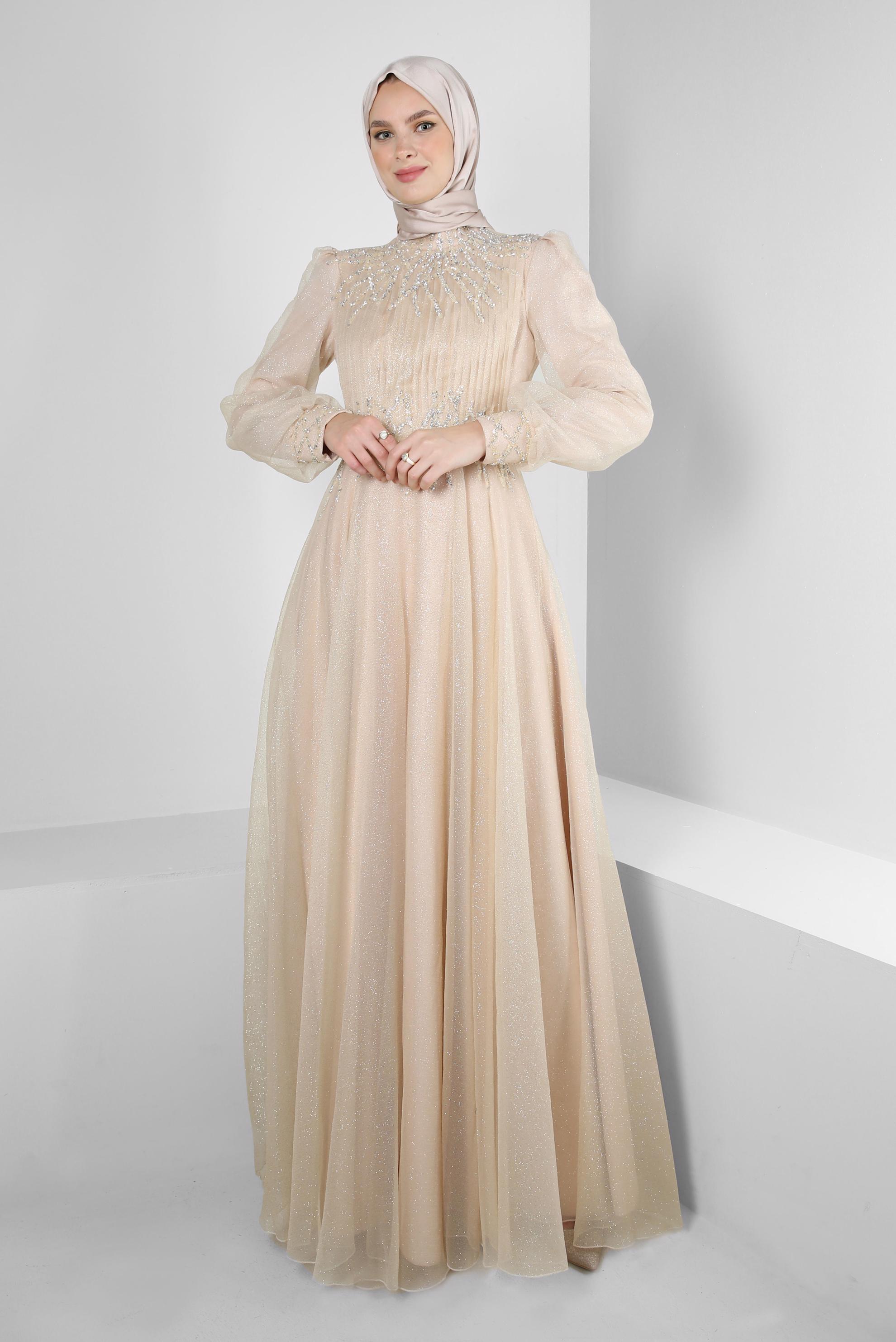 Tesettür giyim BEJ TAŞ İŞLEMELİ SİMLİ ORGANZE ABİYE ELBİSE 50375