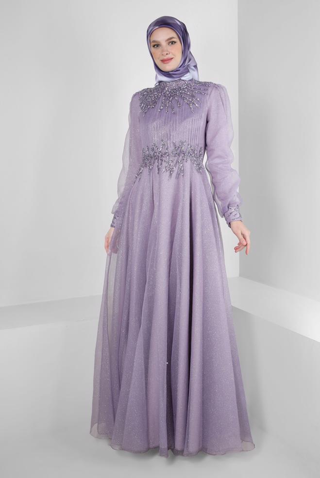 Vêtements hijab POURPRE ROBE DE SOIRÉE BRODÉE GEM AVEC ORGANZA PAILLETÉ 50375 - ALVİNA