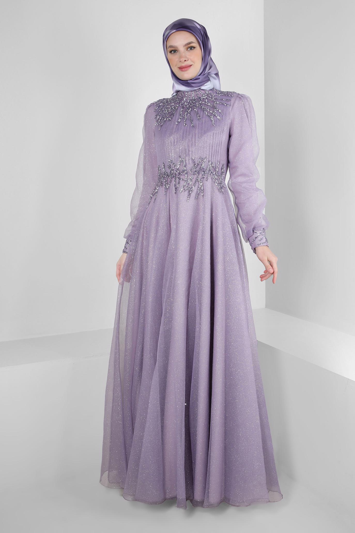 Vêtements hijab POURPRE ROBE DE SOIRÉE BRODÉE GEM AVEC ORGANZA PAILLETÉ 50375