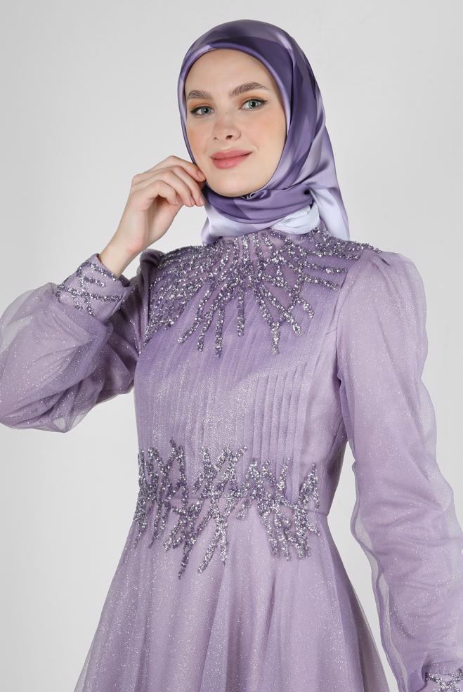 Vêtements hijab POURPRE ROBE DE SOIRÉE BRODÉE GEM AVEC ORGANZA PAILLETÉ 50375 - ALVİNA