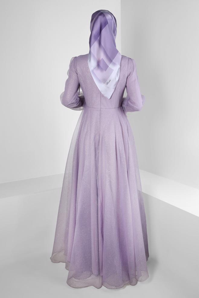Vêtements hijab POURPRE ROBE DE SOIRÉE BRODÉE GEM AVEC ORGANZA PAILLETÉ 50375 - ALVİNA