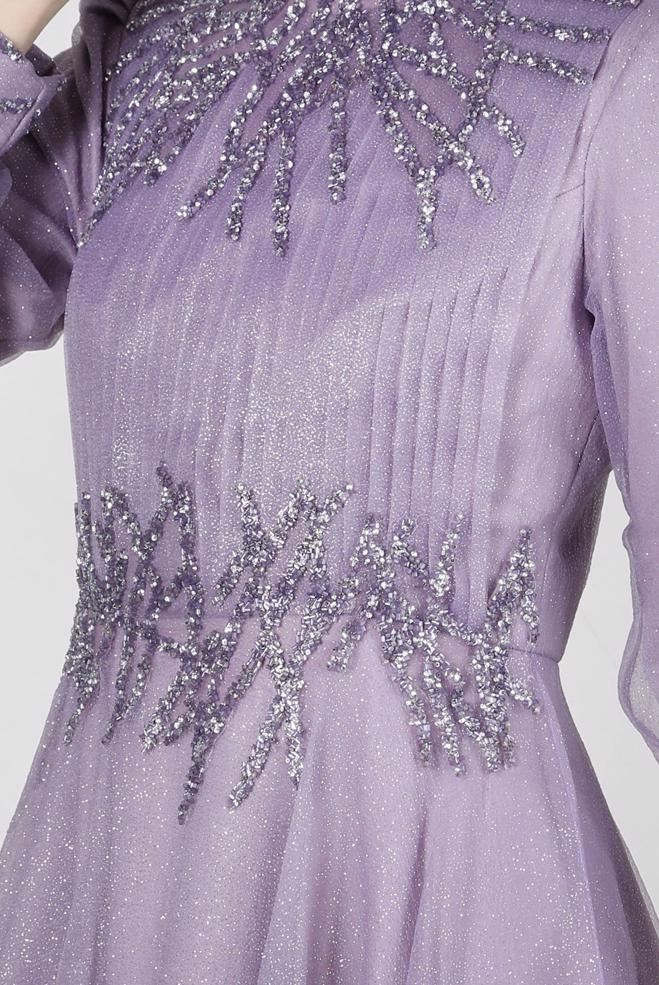 Vêtements hijab POURPRE ROBE DE SOIRÉE BRODÉE GEM AVEC ORGANZA PAILLETÉ 50375 - ALVİNA