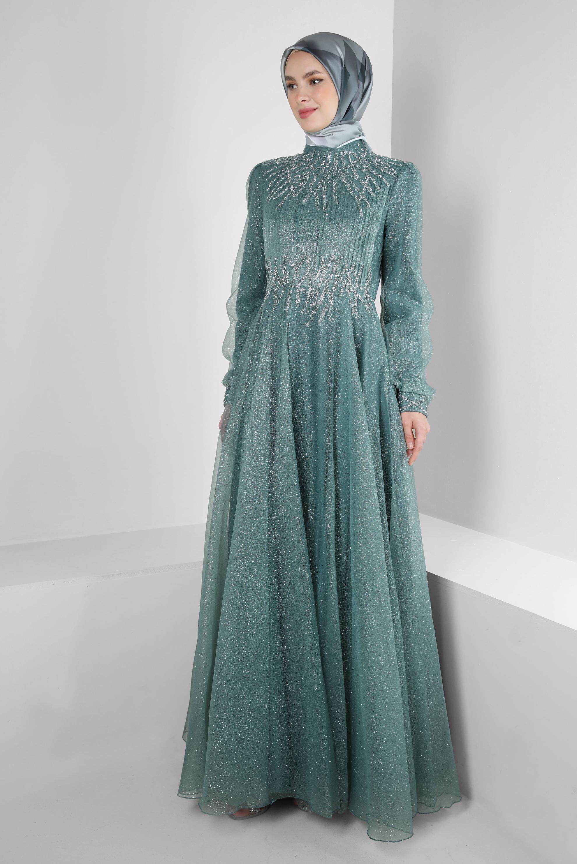 Tesettür giyim YEŞİL TAŞ İŞLEMELİ SİMLİ ORGANZE ABİYE ELBİSE 50375