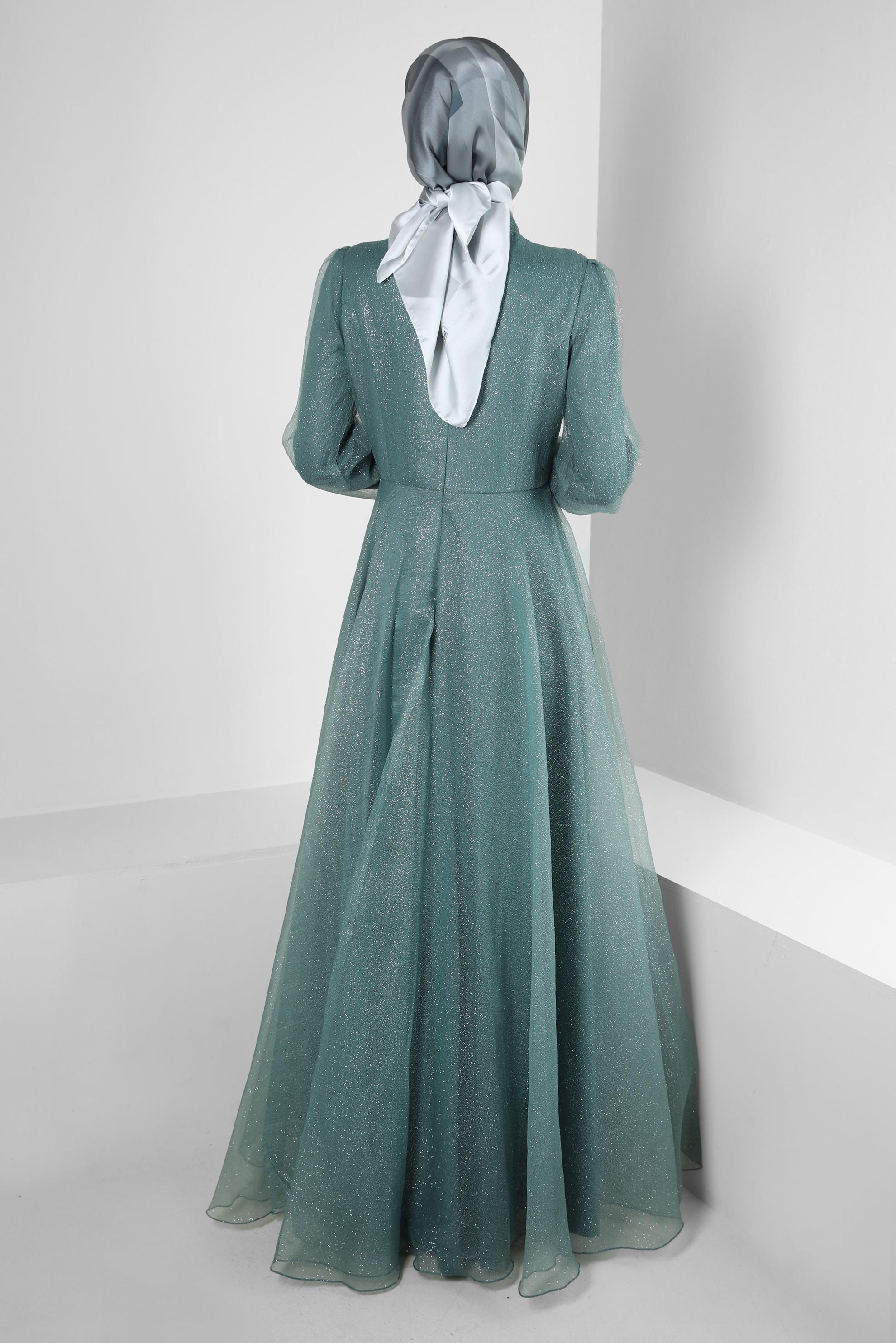 Tesettür giyim YEŞİL TAŞ İŞLEMELİ SİMLİ ORGANZE ABİYE ELBİSE 50375