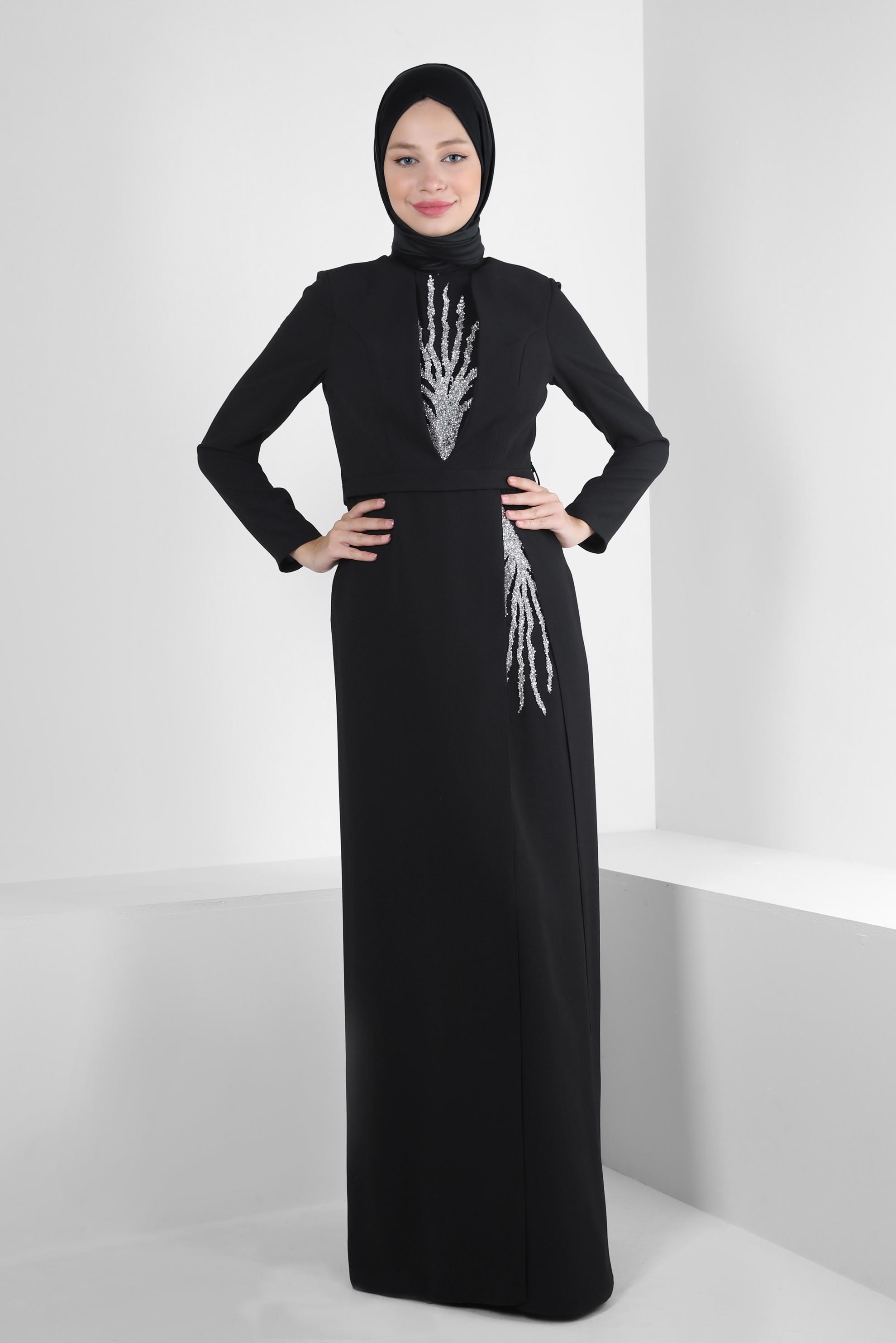 Tesettür giyim SİYAH PUL PAYET DETAYLI KEMERLİ ABİYE ELBİSE 50376