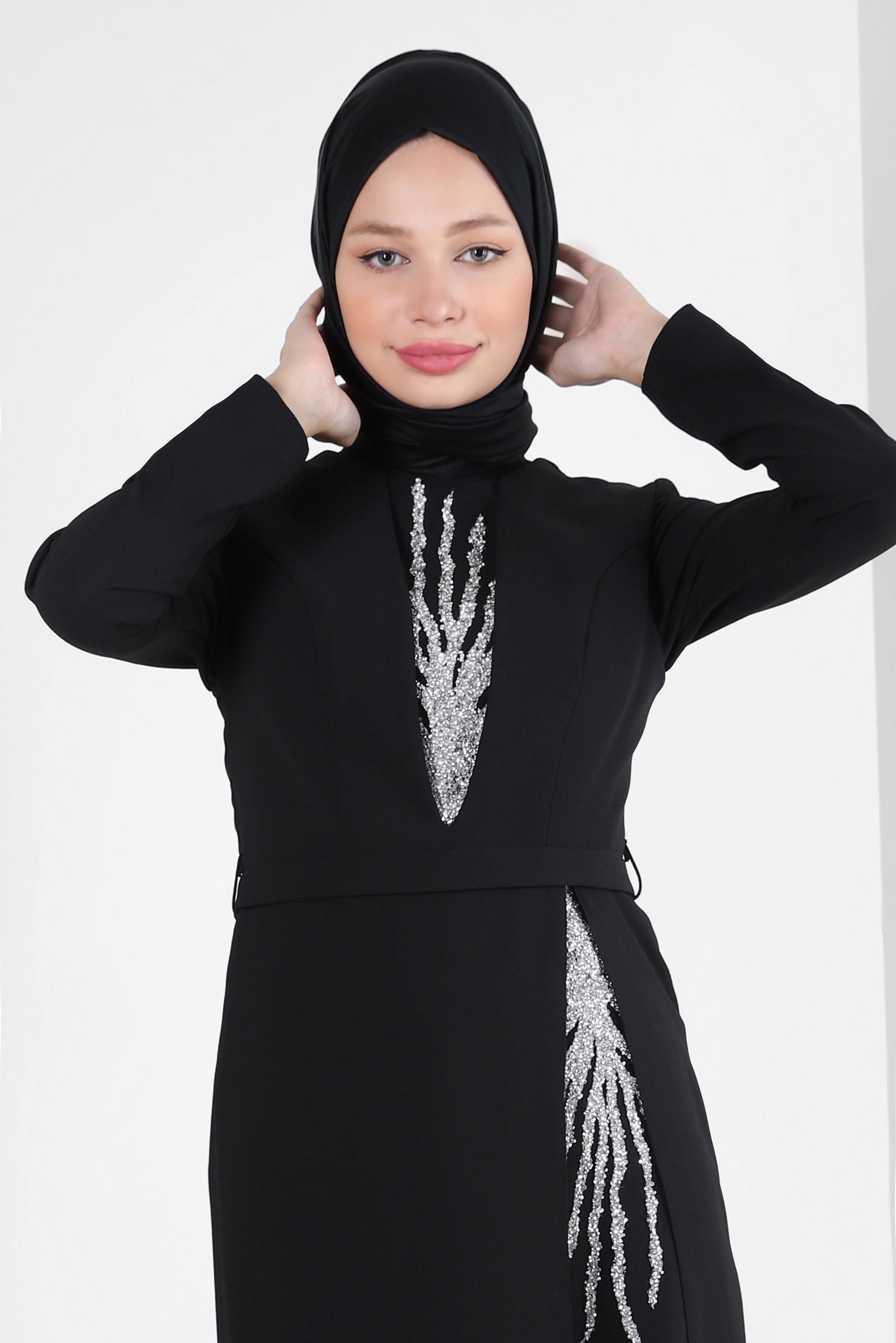 Tesettür giyim SİYAH PUL PAYET DETAYLI KEMERLİ ABİYE ELBİSE 50376