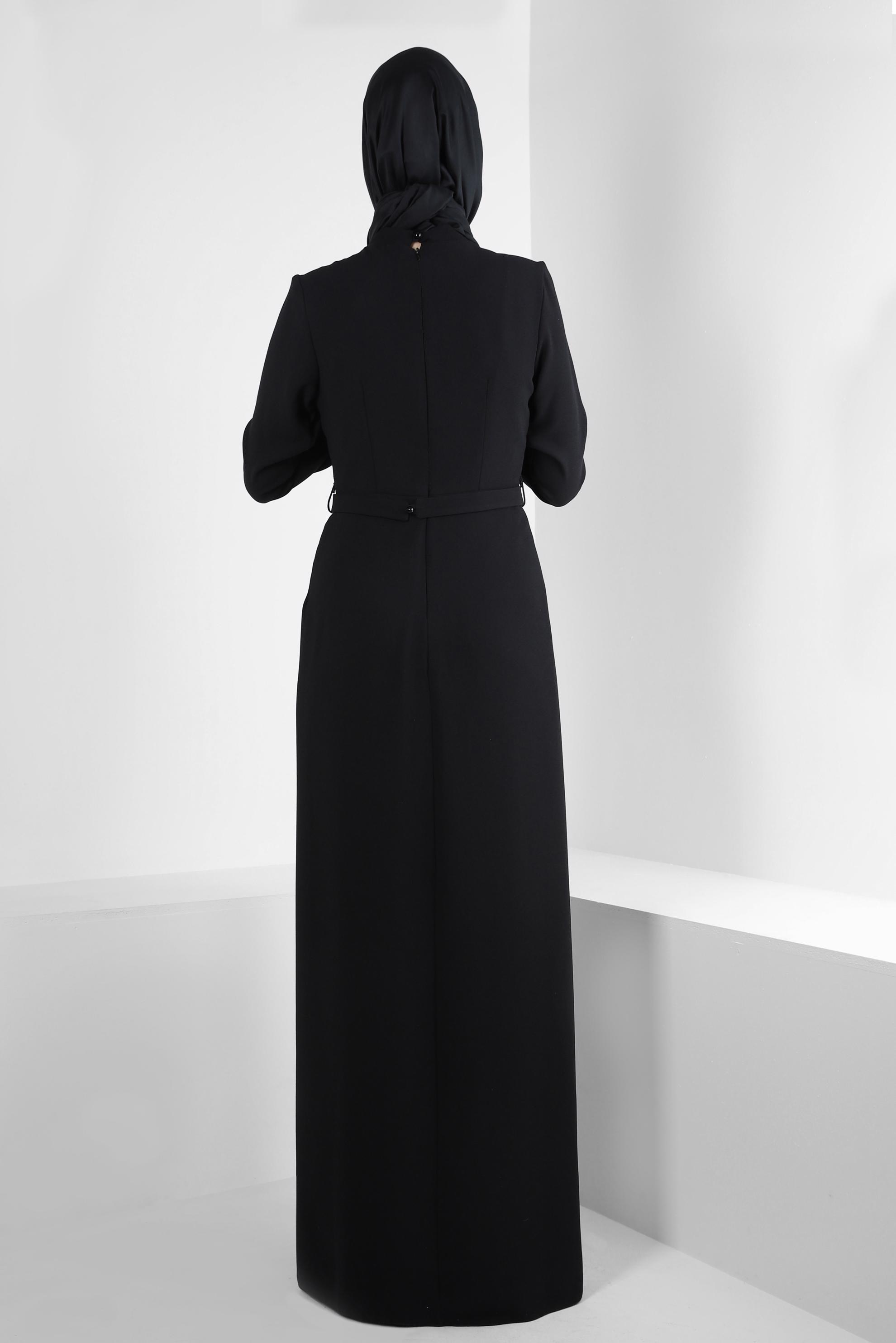 Tesettür giyim SİYAH PUL PAYET DETAYLI KEMERLİ ABİYE ELBİSE 50376