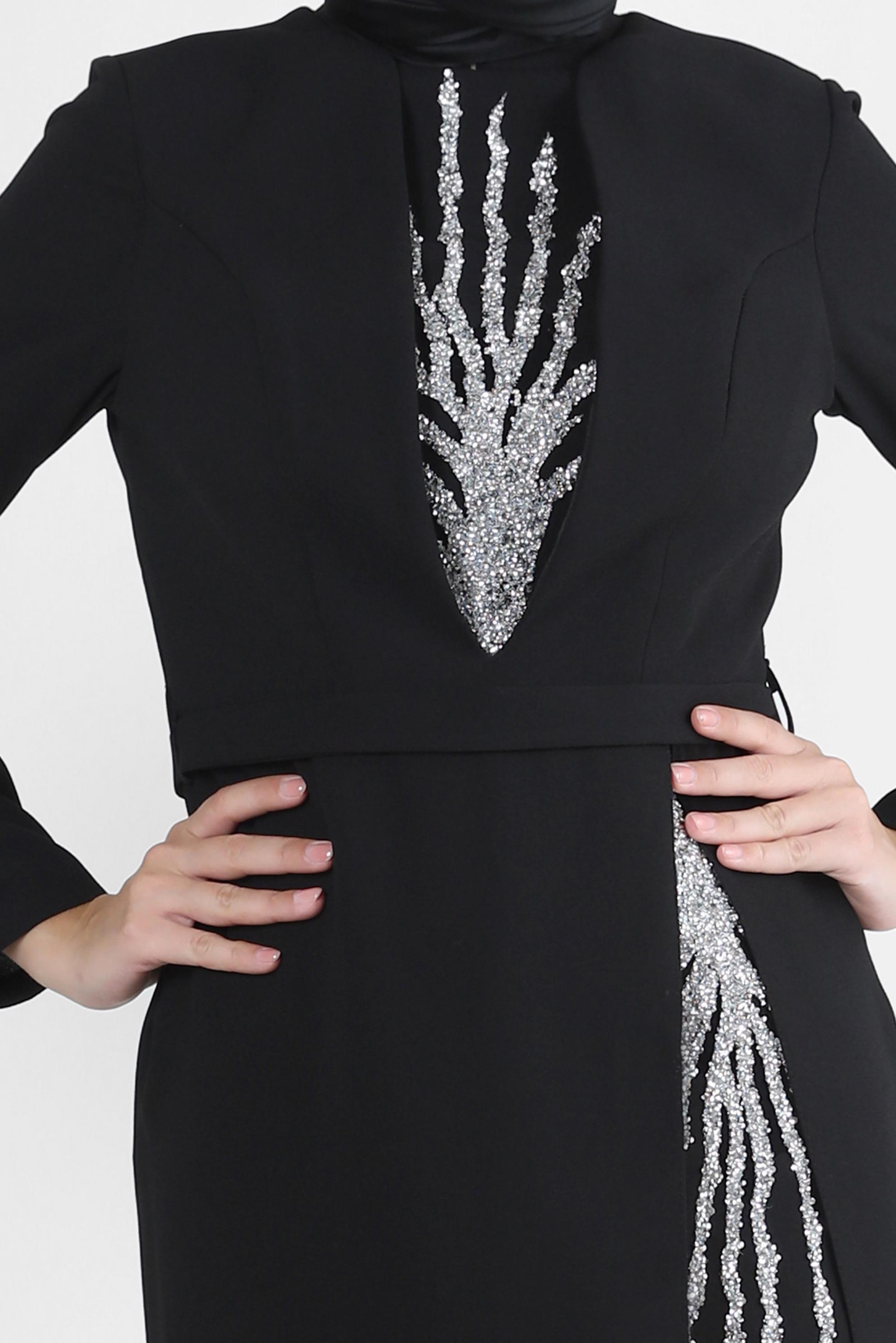 Tesettür giyim SİYAH PUL PAYET DETAYLI KEMERLİ ABİYE ELBİSE 50376