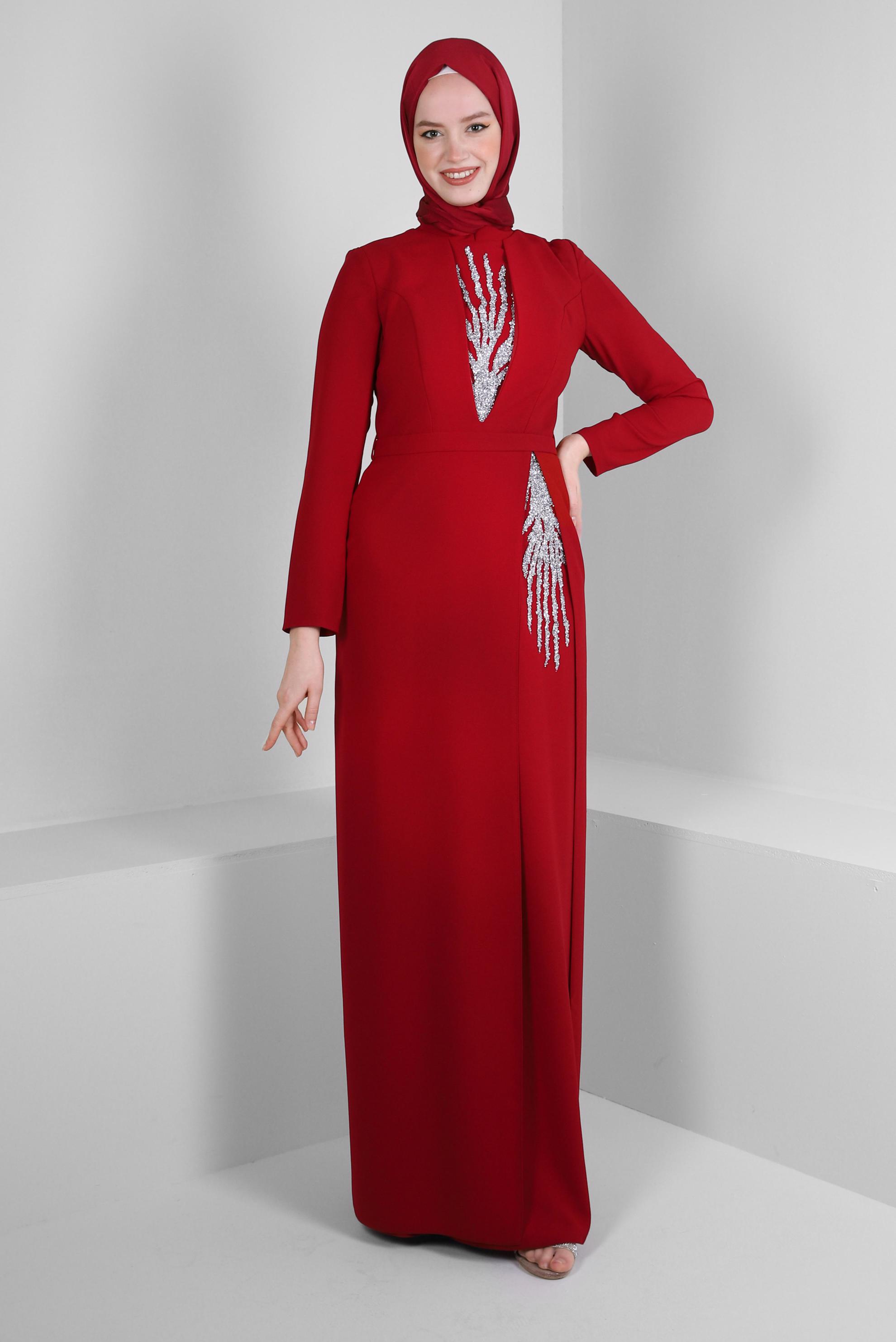 Tesettür giyim BORDO PUL PAYET DETAYLI KEMERLİ ABİYE ELBİSE 50376