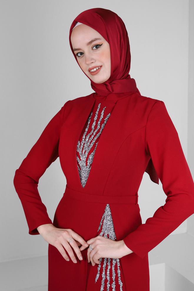 Tesettür giyim BEJ PUL PAYET DETAYLI KEMERLİ ABİYE ELBİSE 50376 - ALVİNA