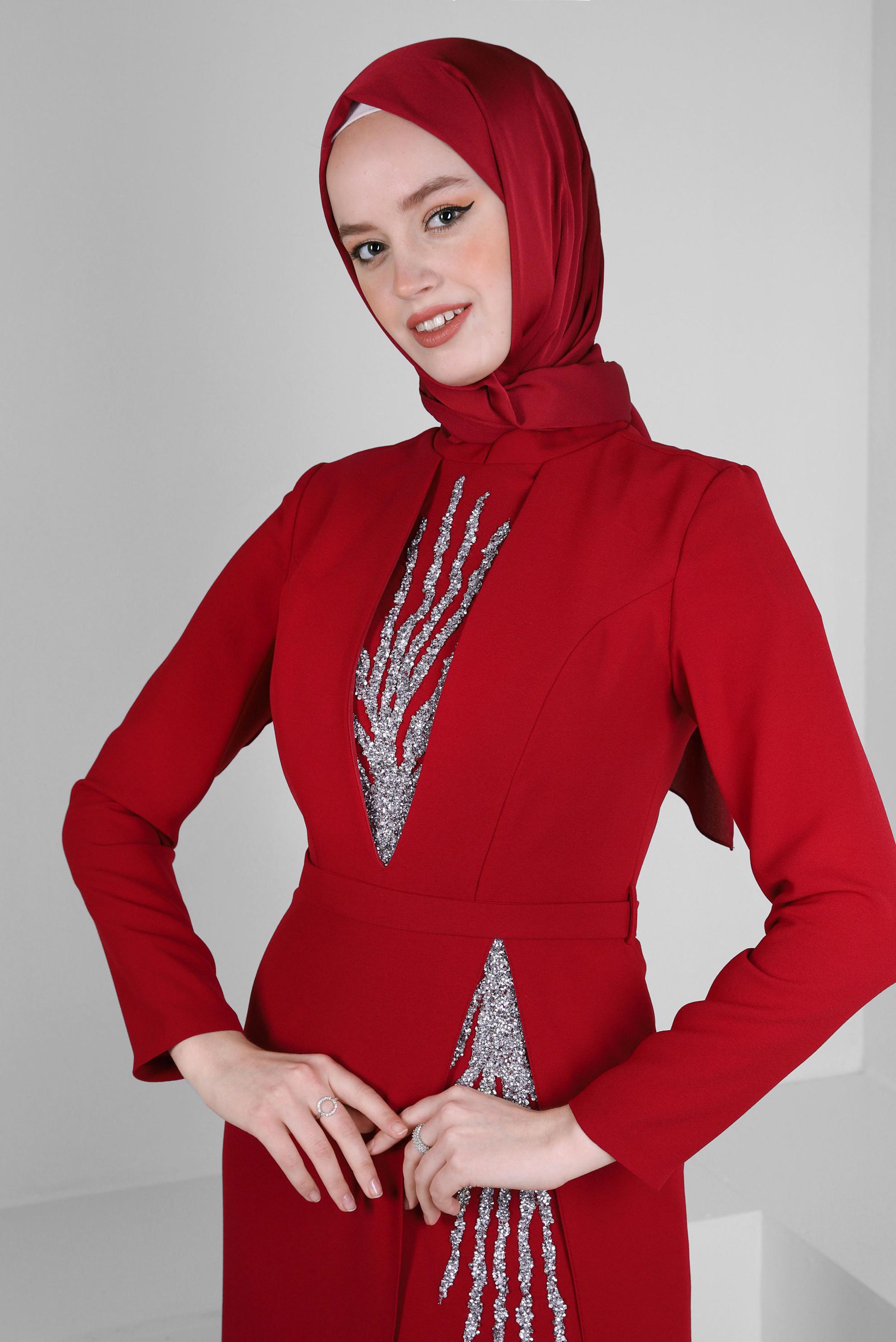 Tesettür giyim BORDO PUL PAYET DETAYLI KEMERLİ ABİYE ELBİSE 50376