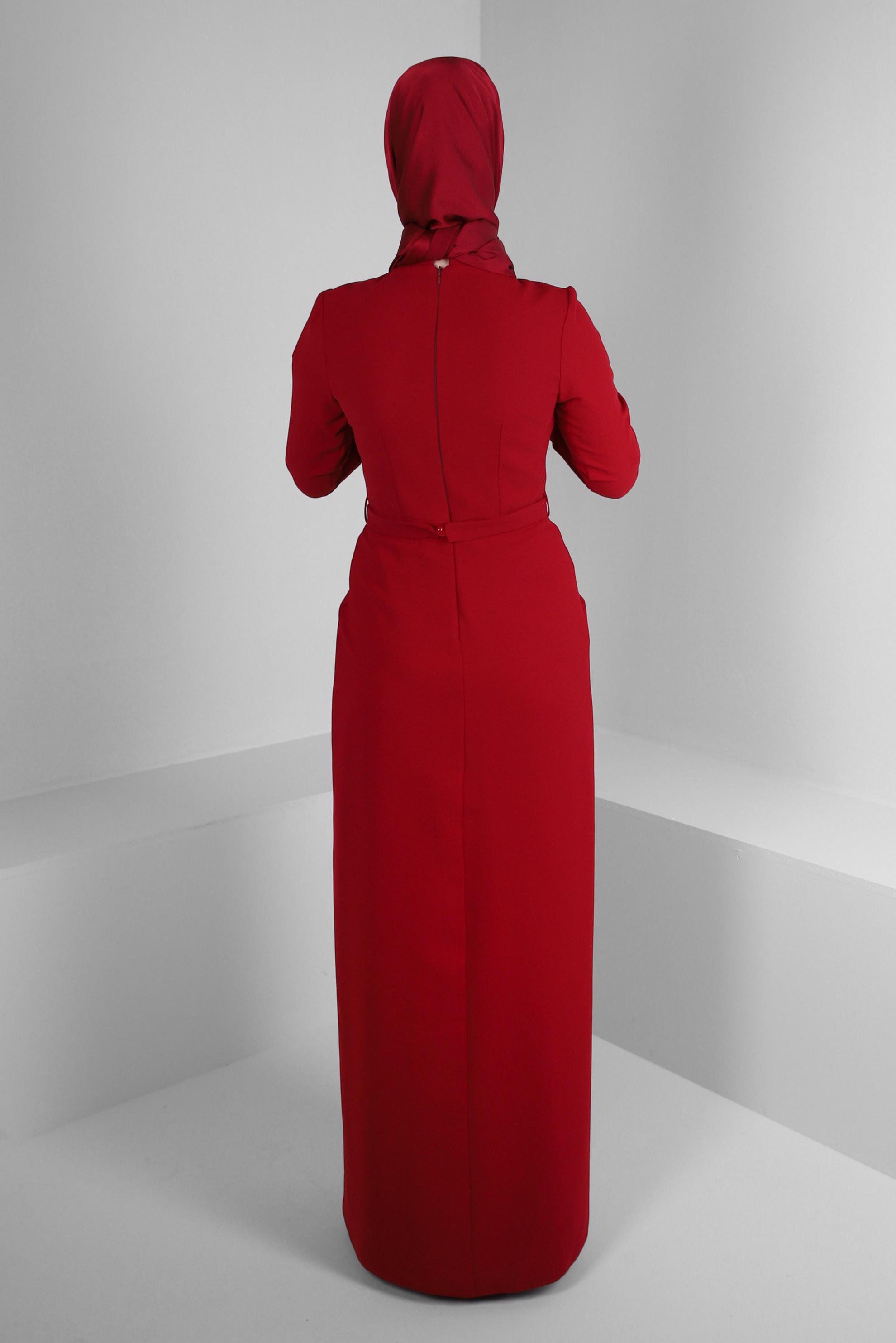 Tesettür giyim BORDO PUL PAYET DETAYLI KEMERLİ ABİYE ELBİSE 50376