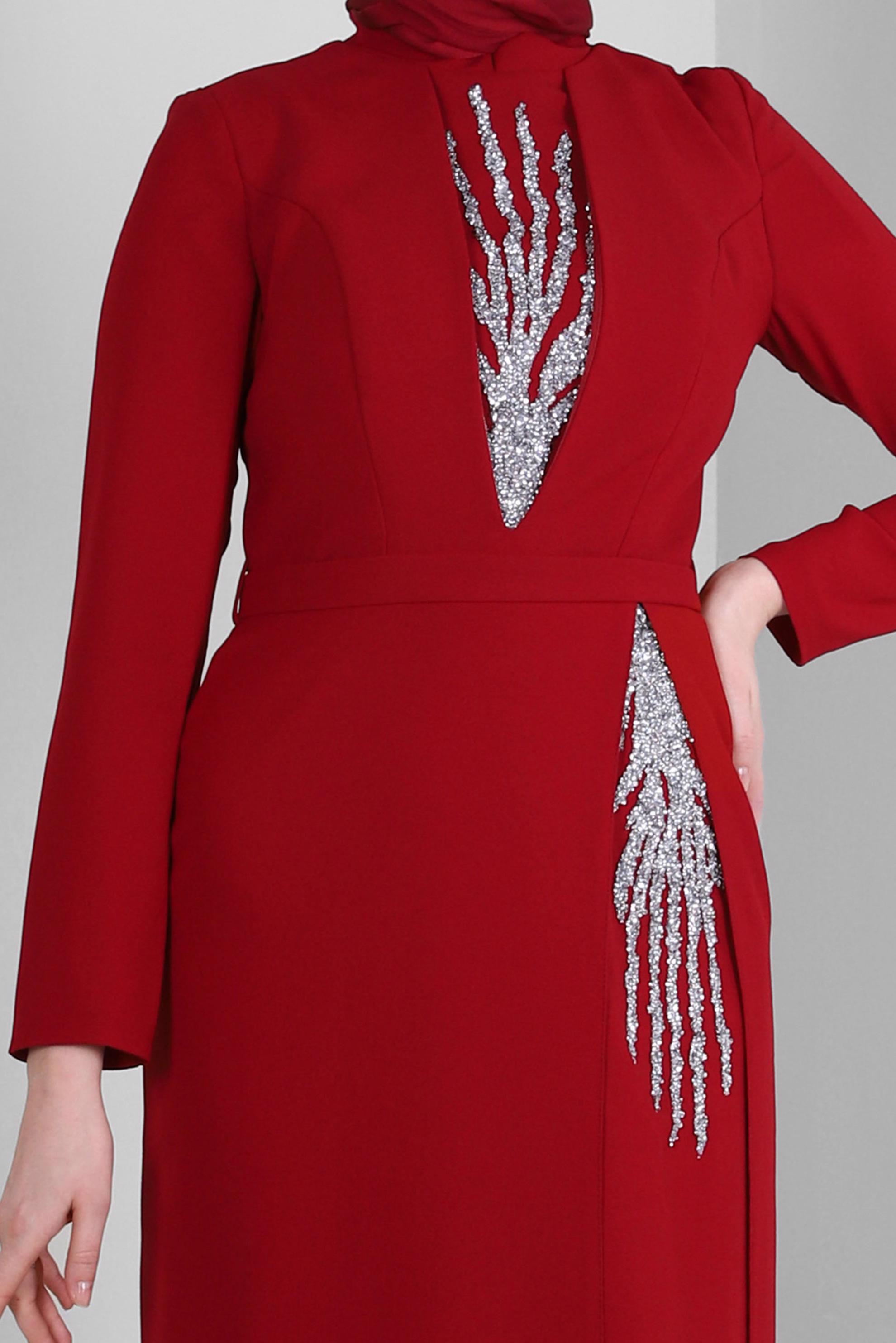 Tesettür giyim BORDO PUL PAYET DETAYLI KEMERLİ ABİYE ELBİSE 50376