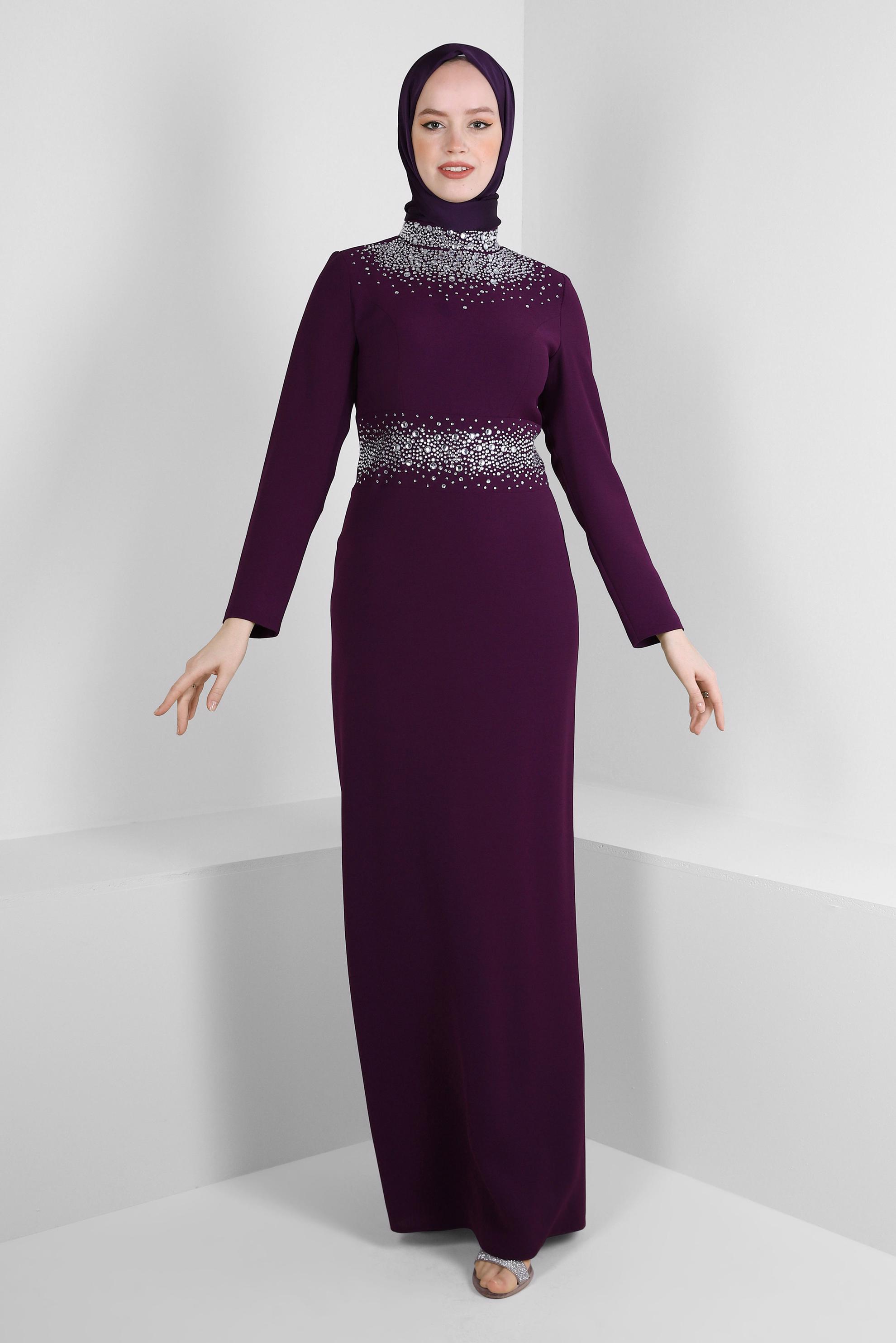 Tesettür giyim MÜRDÜM YAKASI VE BELİ TAŞLI ABİYE ELBİSE 50377