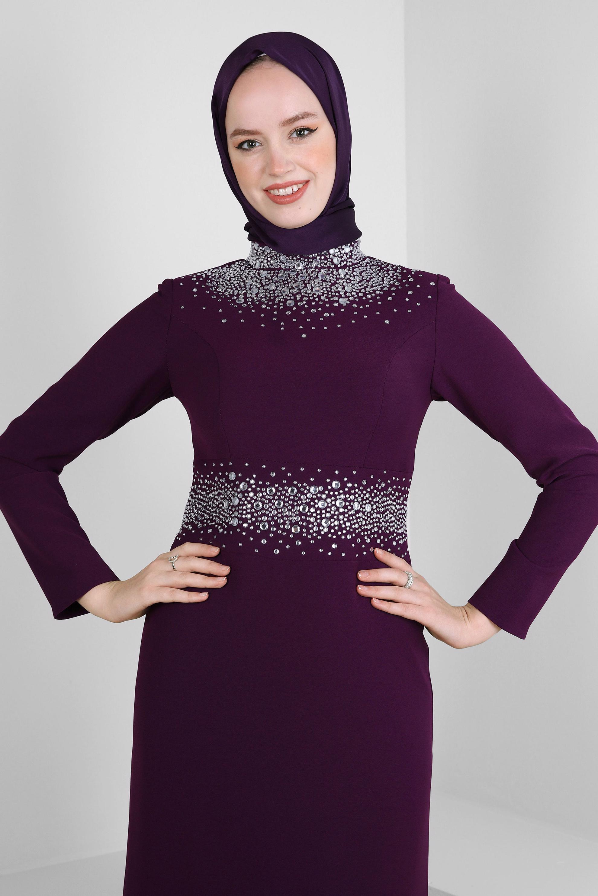 Tesettür giyim MÜRDÜM YAKASI VE BELİ TAŞLI ABİYE ELBİSE 50377