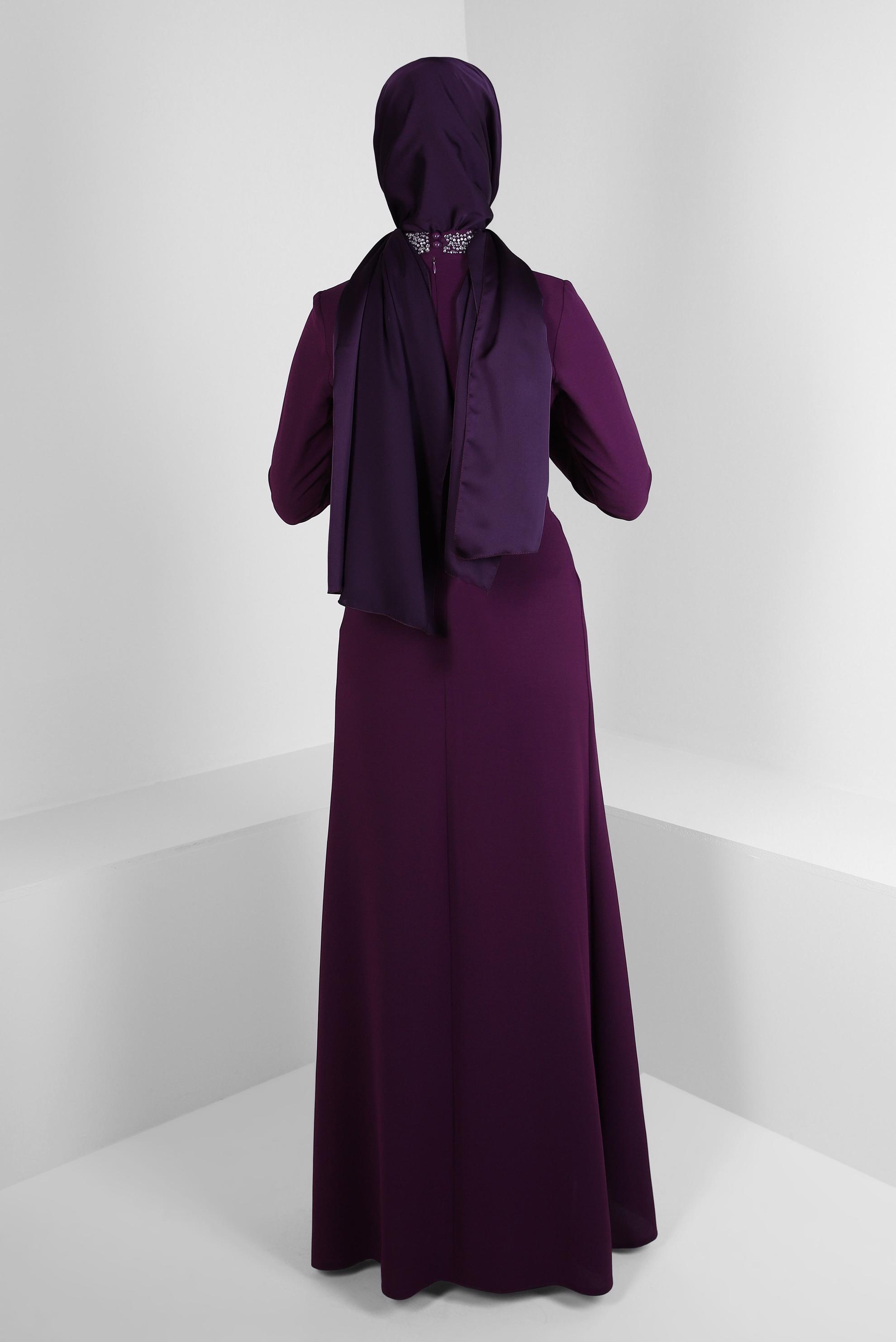 Tesettür giyim MÜRDÜM YAKASI VE BELİ TAŞLI ABİYE ELBİSE 50377