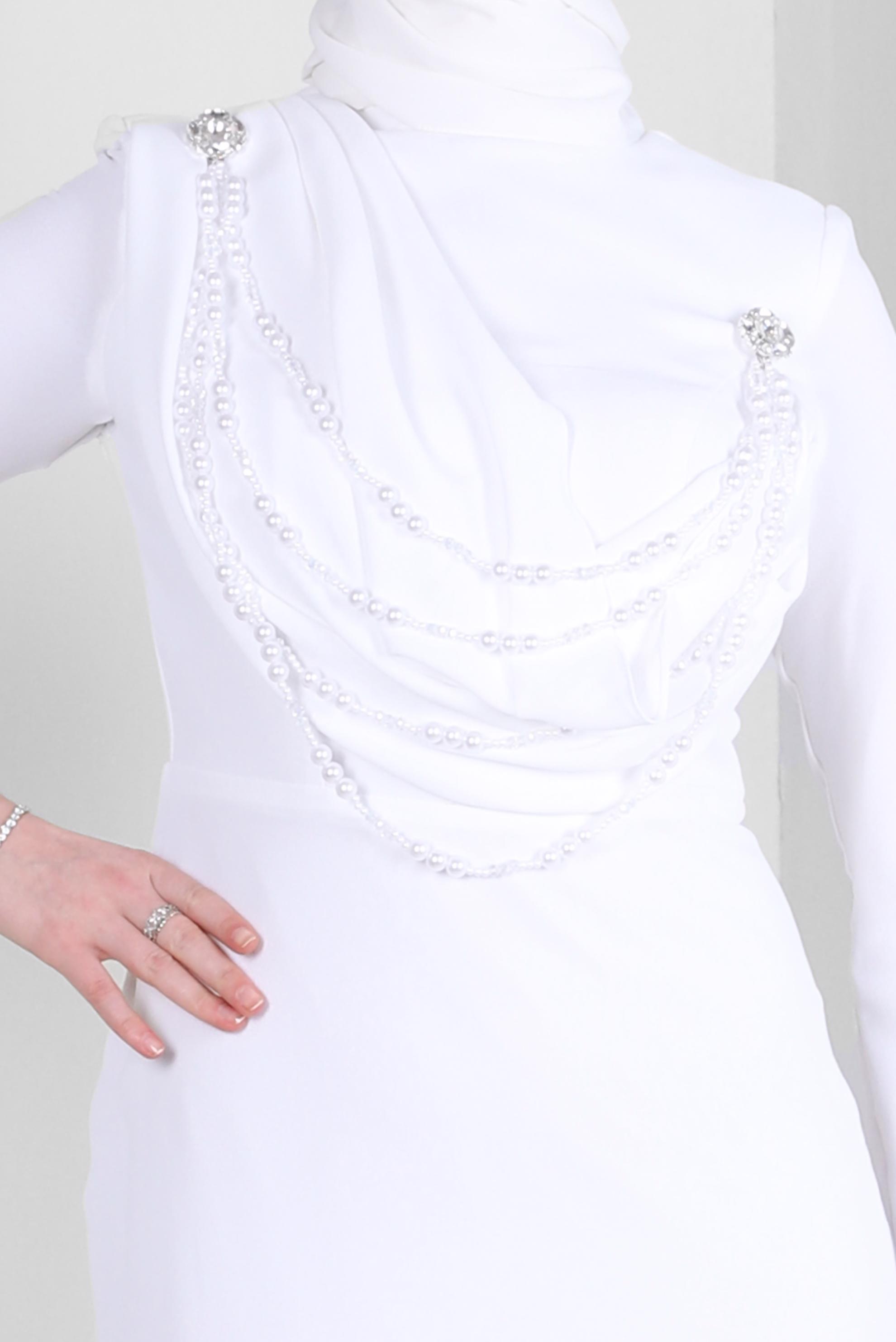 Tesettür giyim BEYAZ BONCUK AKSESUAR DETAYLI ABİYE ELBİSE 50378