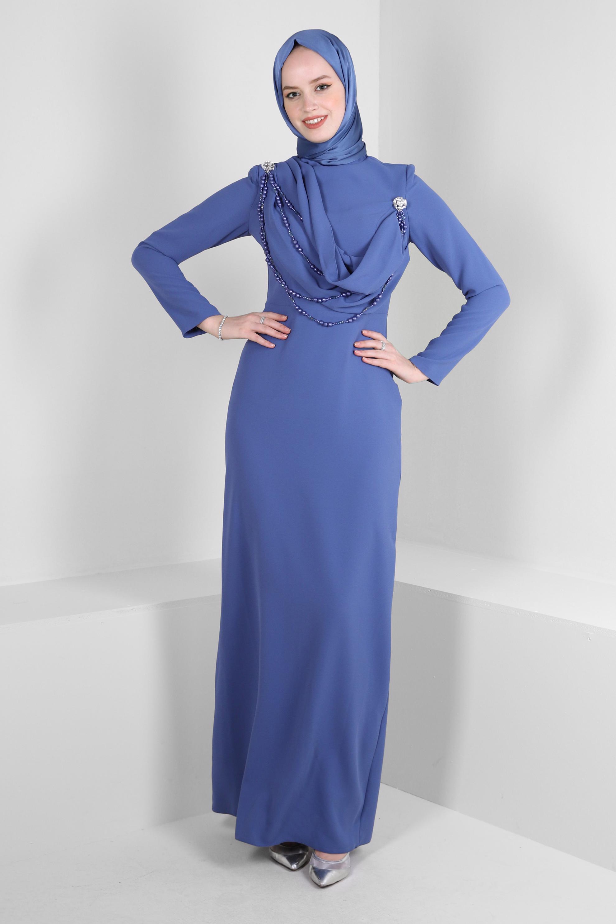 Tesettür giyim MAVİ BONCUK AKSESUAR DETAYLI ABİYE ELBİSE 50378