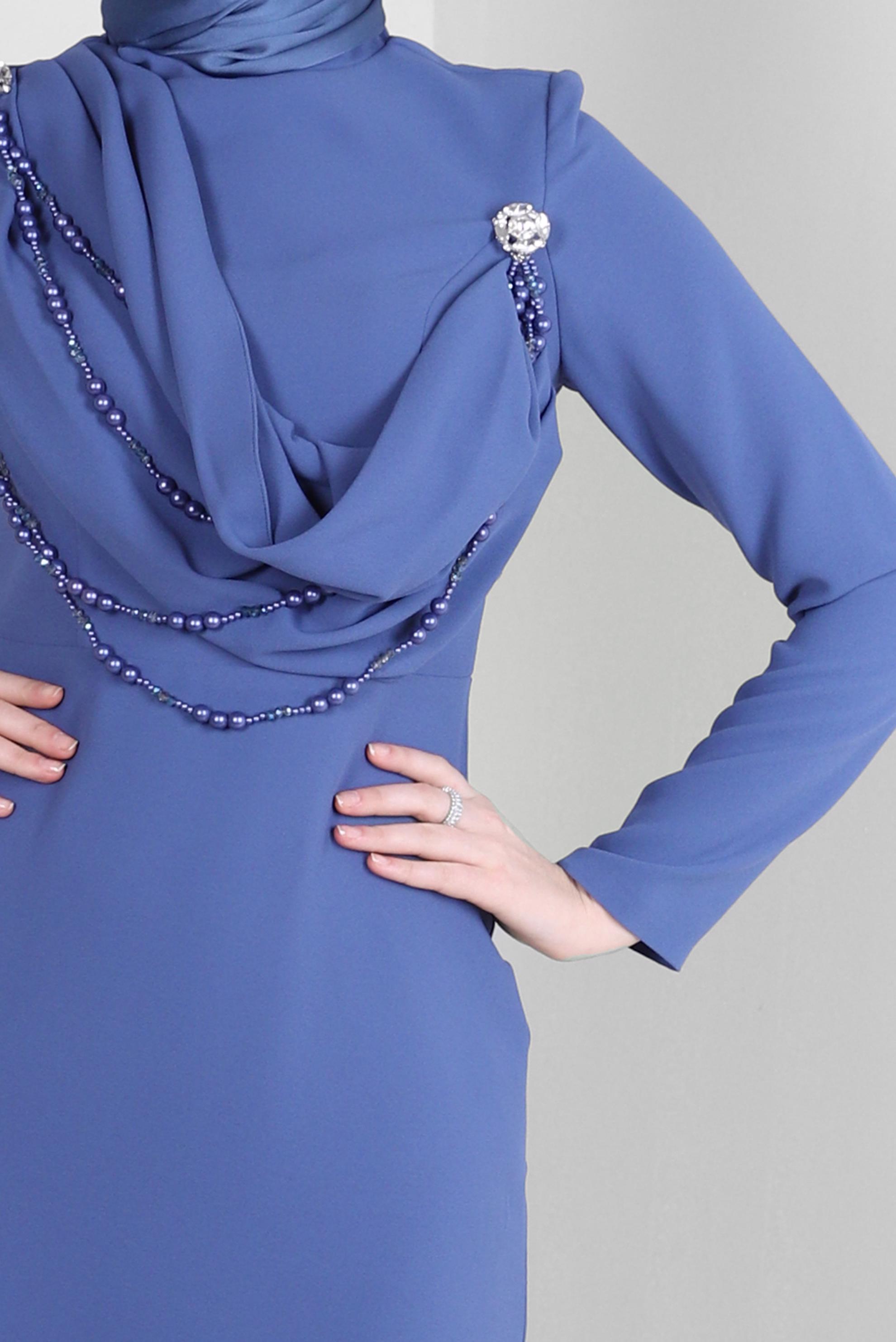 Tesettür giyim MAVİ BONCUK AKSESUAR DETAYLI ABİYE ELBİSE 50378