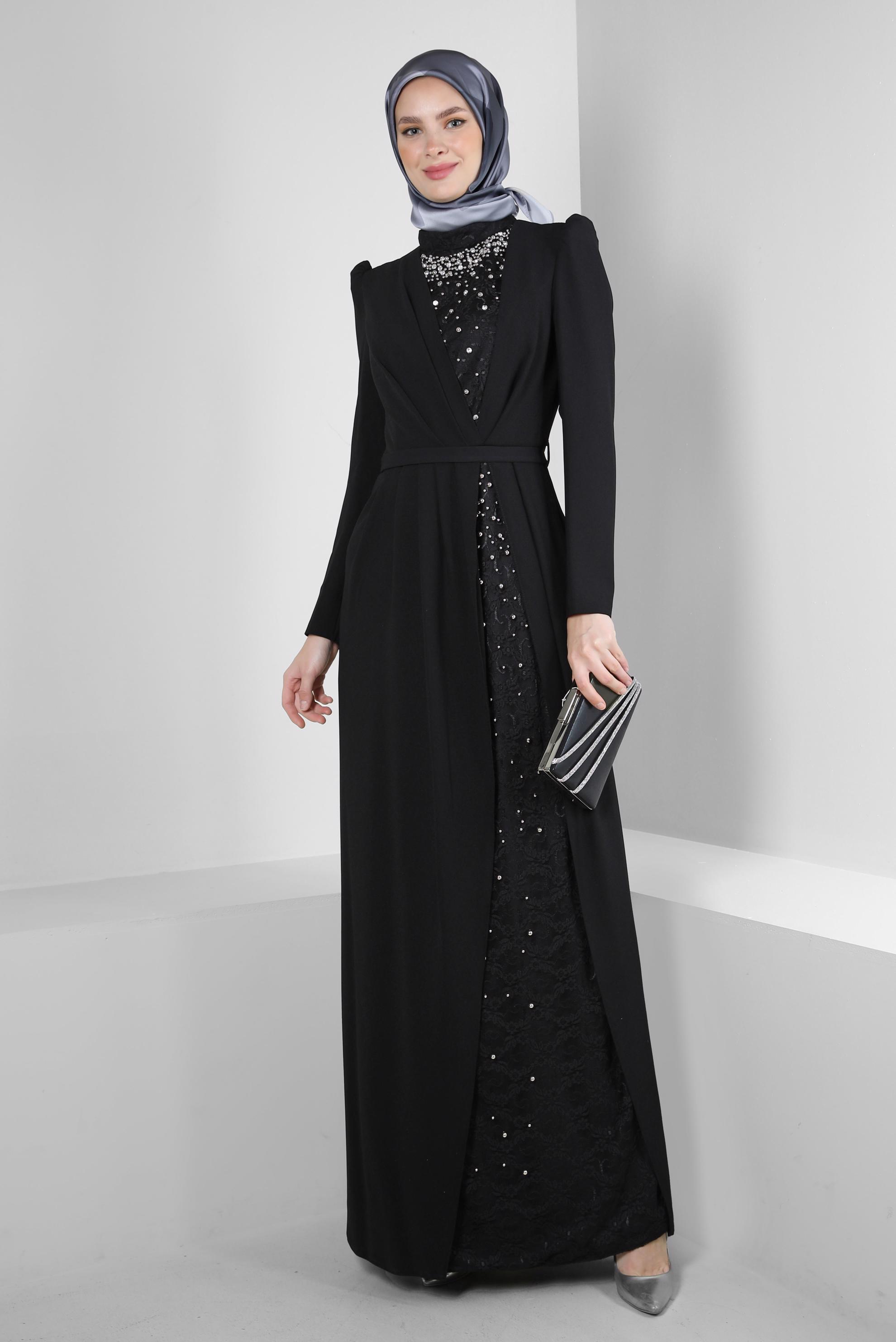 Tesettür giyim SİYAH DANTEL DETAYLI BONCUK İŞLEMELİ ABİYE ELBİSE 50379