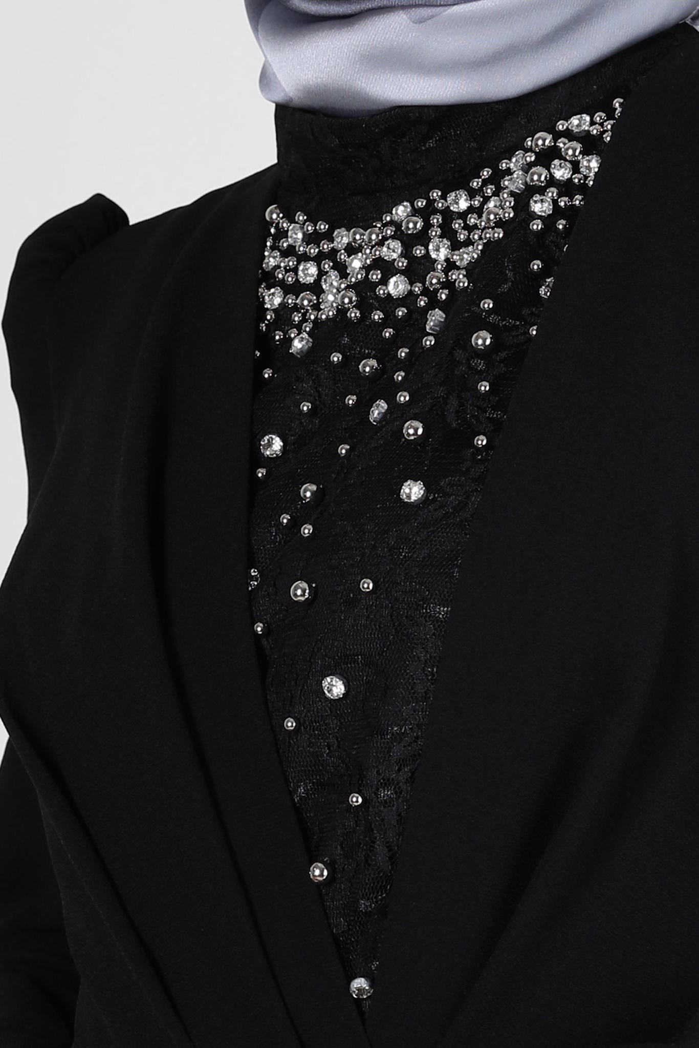 Tesettür giyim SİYAH DANTEL DETAYLI BONCUK İŞLEMELİ ABİYE ELBİSE 50379