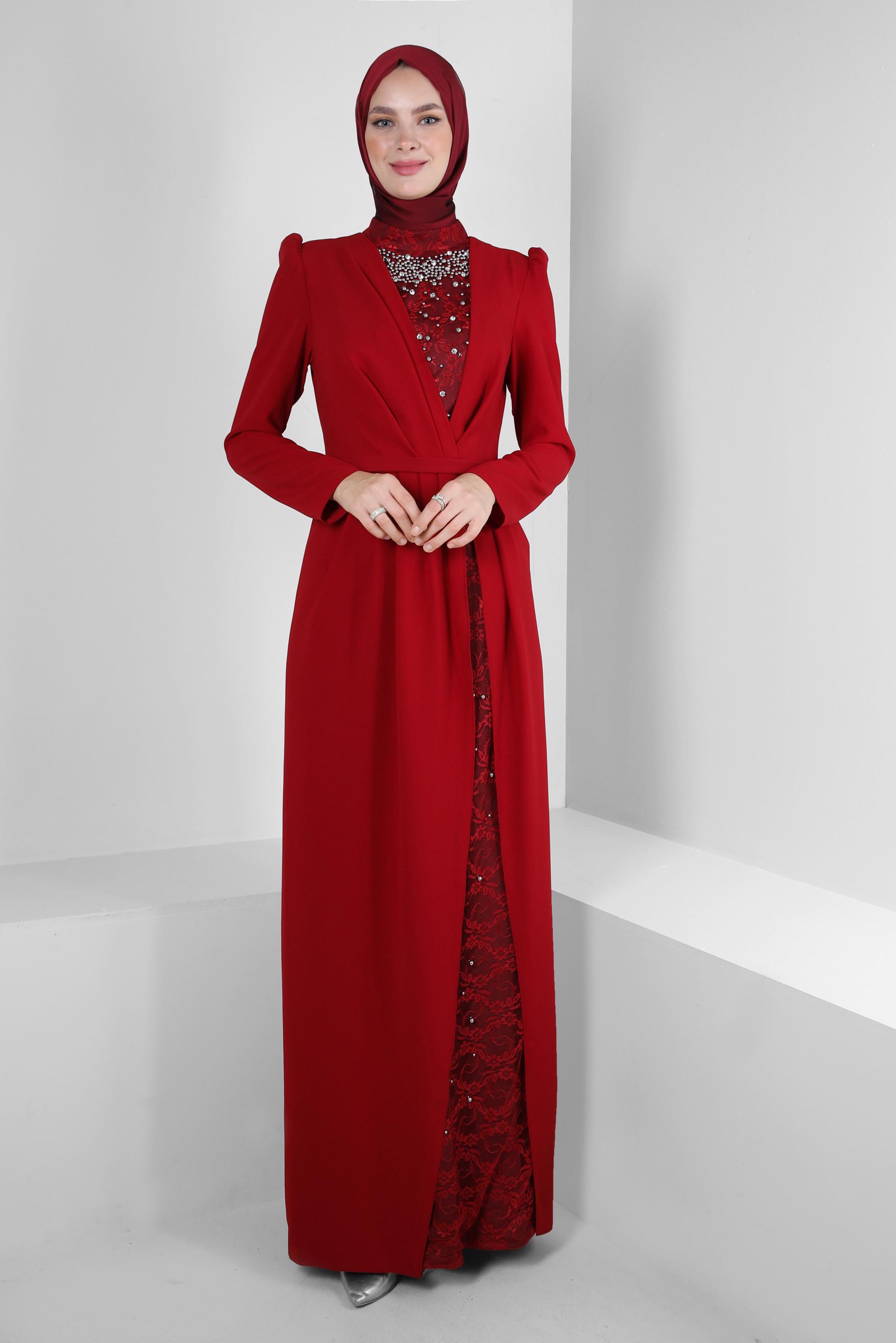 Tesettür giyim BORDO DANTEL DETAYLI BONCUK İŞLEMELİ ABİYE ELBİSE 50379