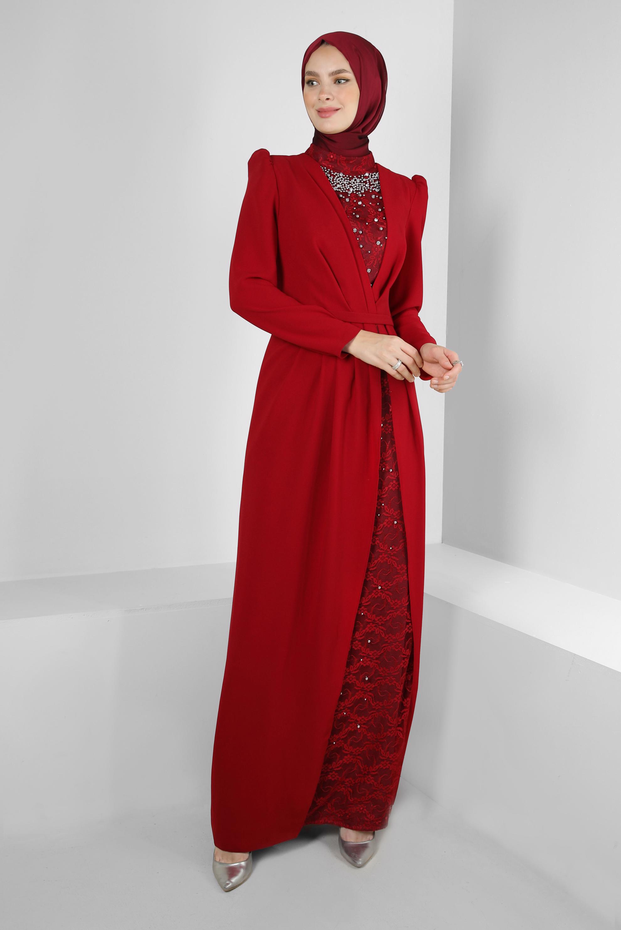 Tesettür giyim BORDO DANTEL DETAYLI BONCUK İŞLEMELİ ABİYE ELBİSE 50379