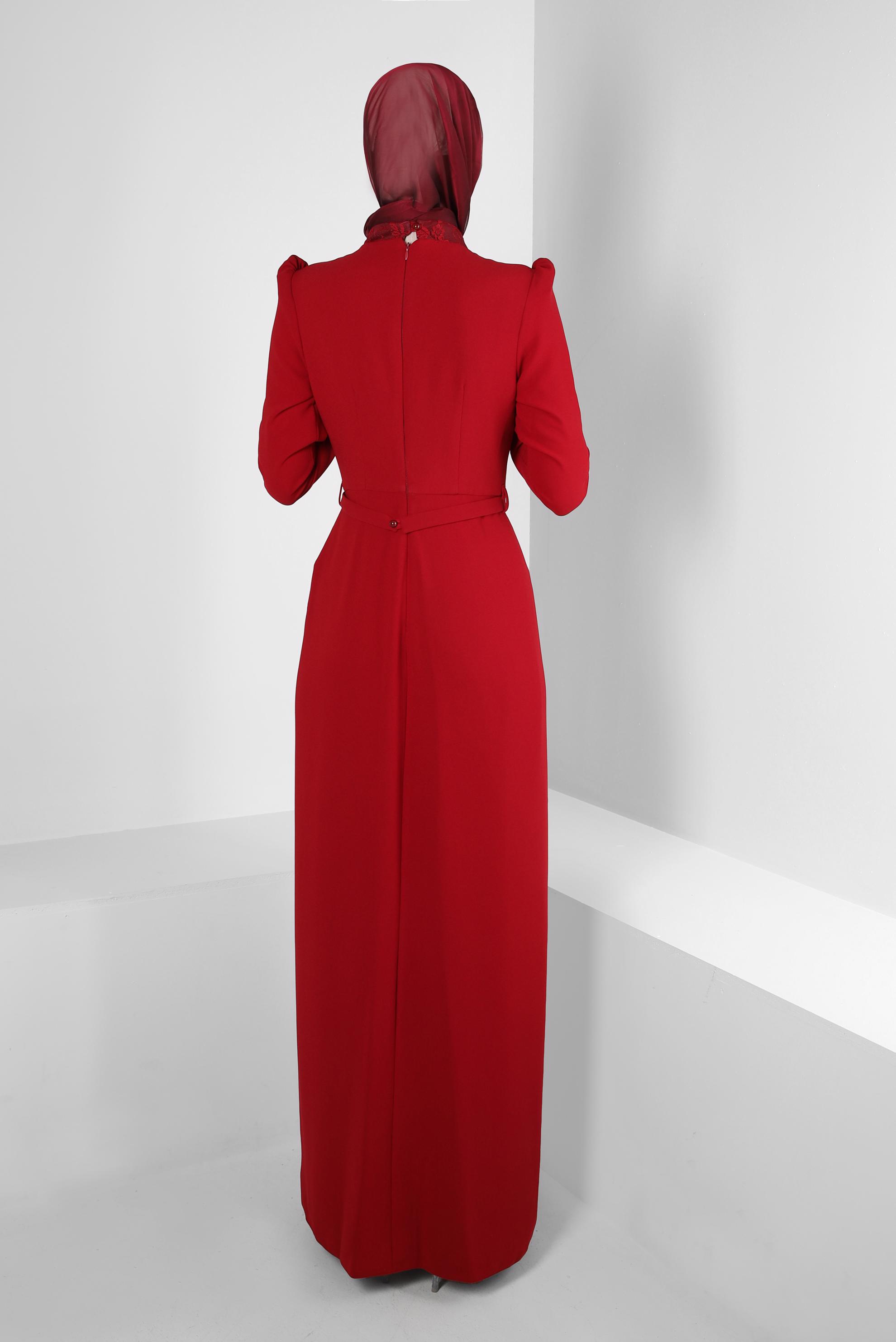 Tesettür giyim BORDO DANTEL DETAYLI BONCUK İŞLEMELİ ABİYE ELBİSE 50379