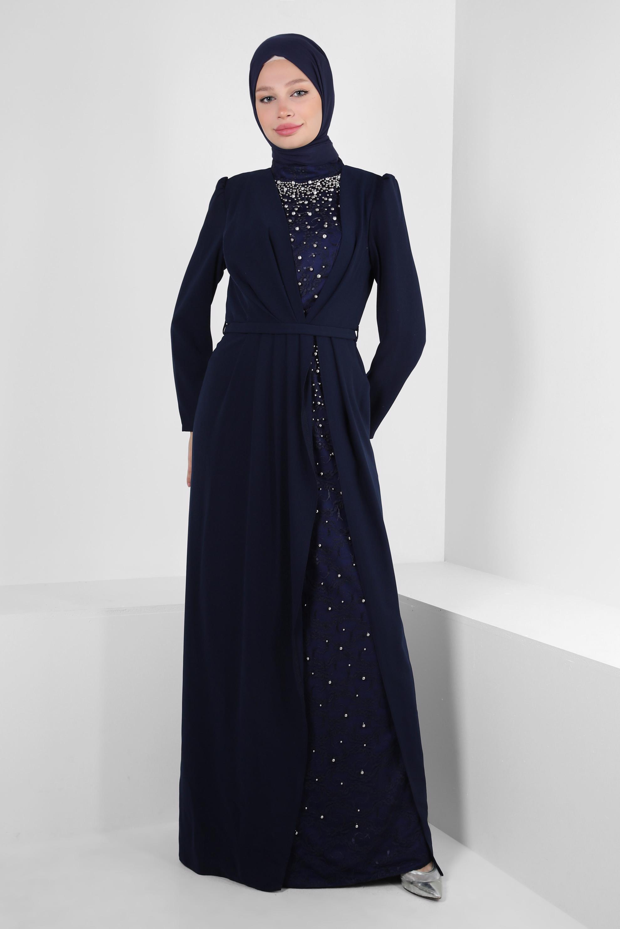 Tesettür giyim LACİVERT DANTEL DETAYLI BONCUK İŞLEMELİ ABİYE ELBİSE 50379