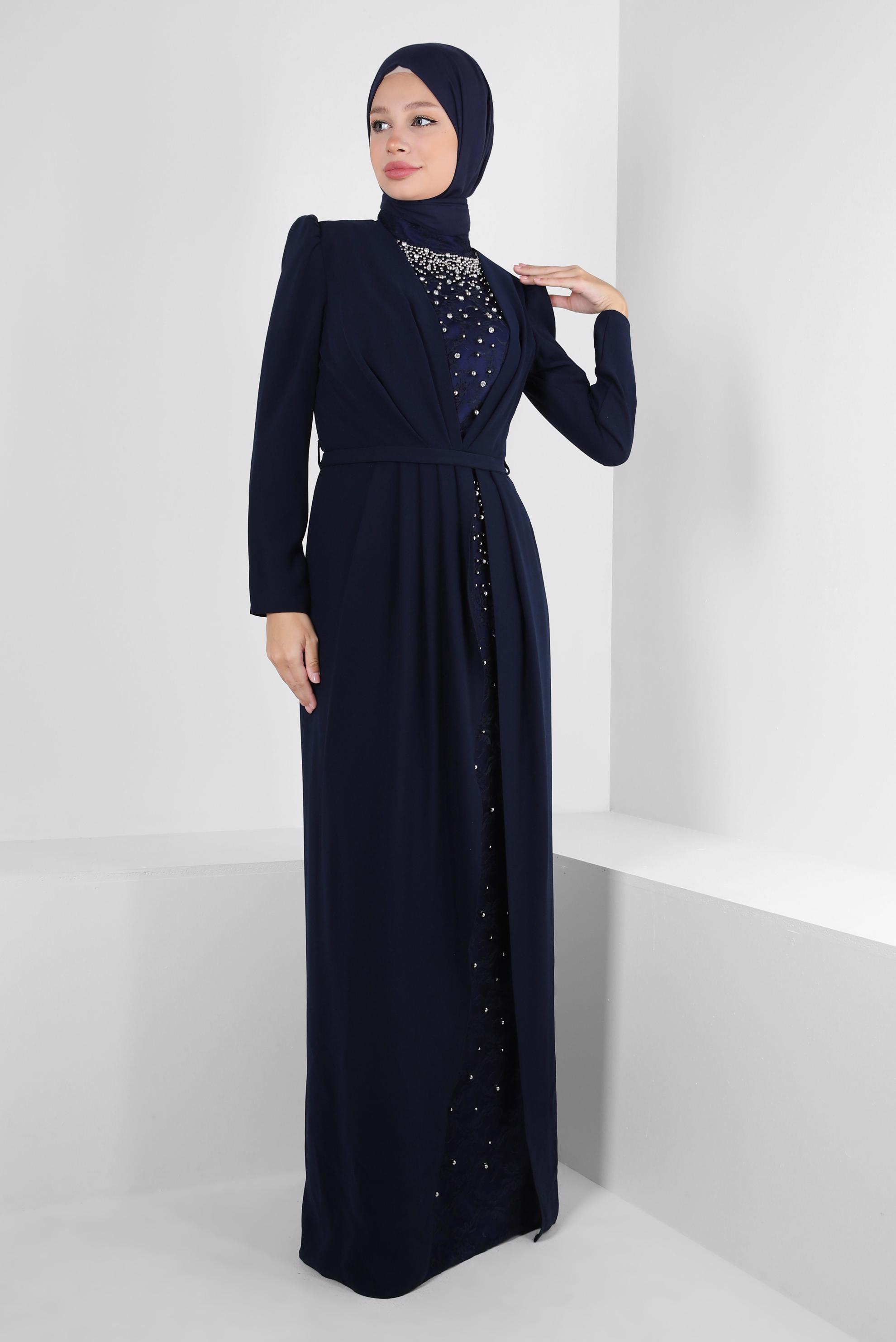 Tesettür giyim LACİVERT DANTEL DETAYLI BONCUK İŞLEMELİ ABİYE ELBİSE 50379