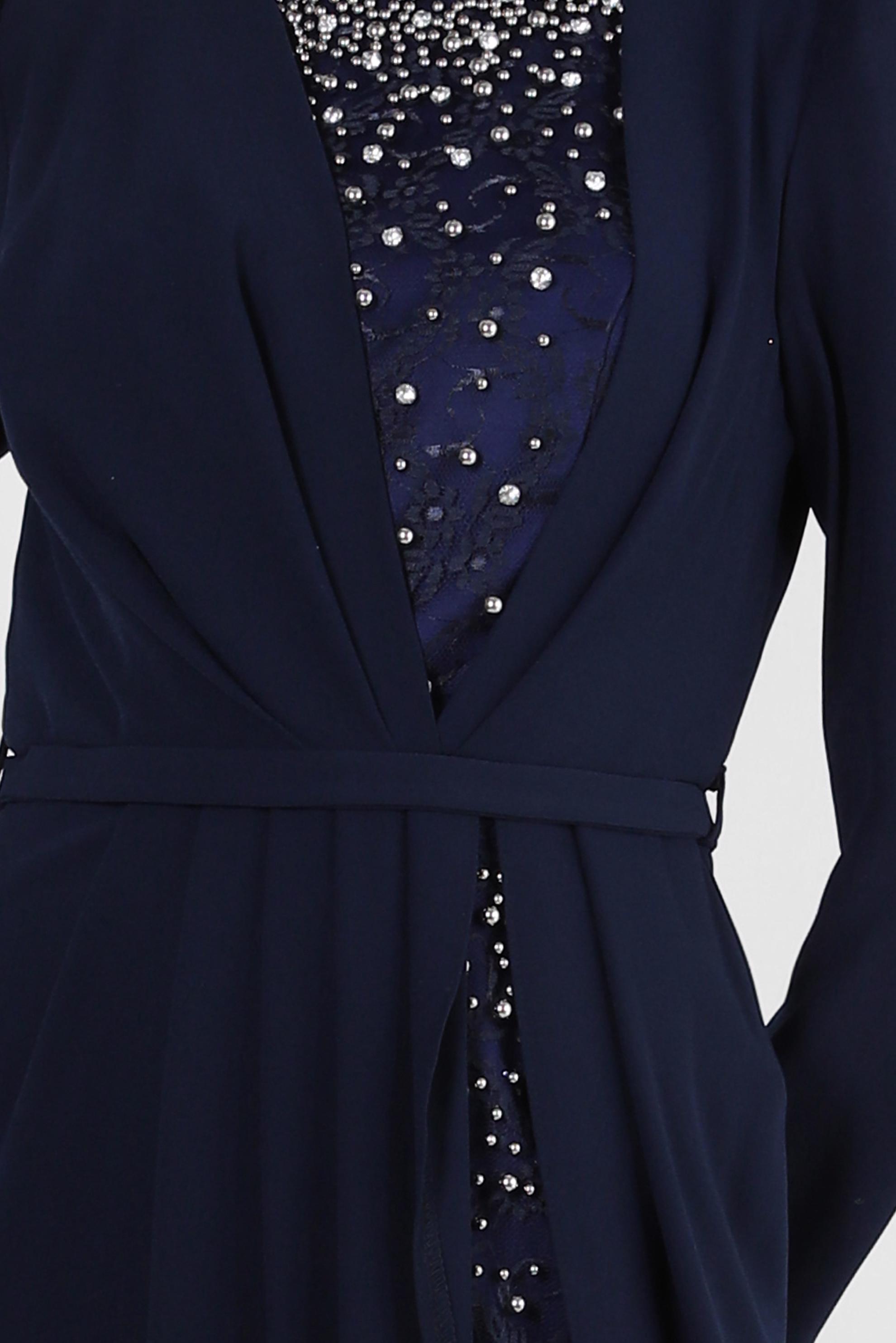 Tesettür giyim LACİVERT DANTEL DETAYLI BONCUK İŞLEMELİ ABİYE ELBİSE 50379