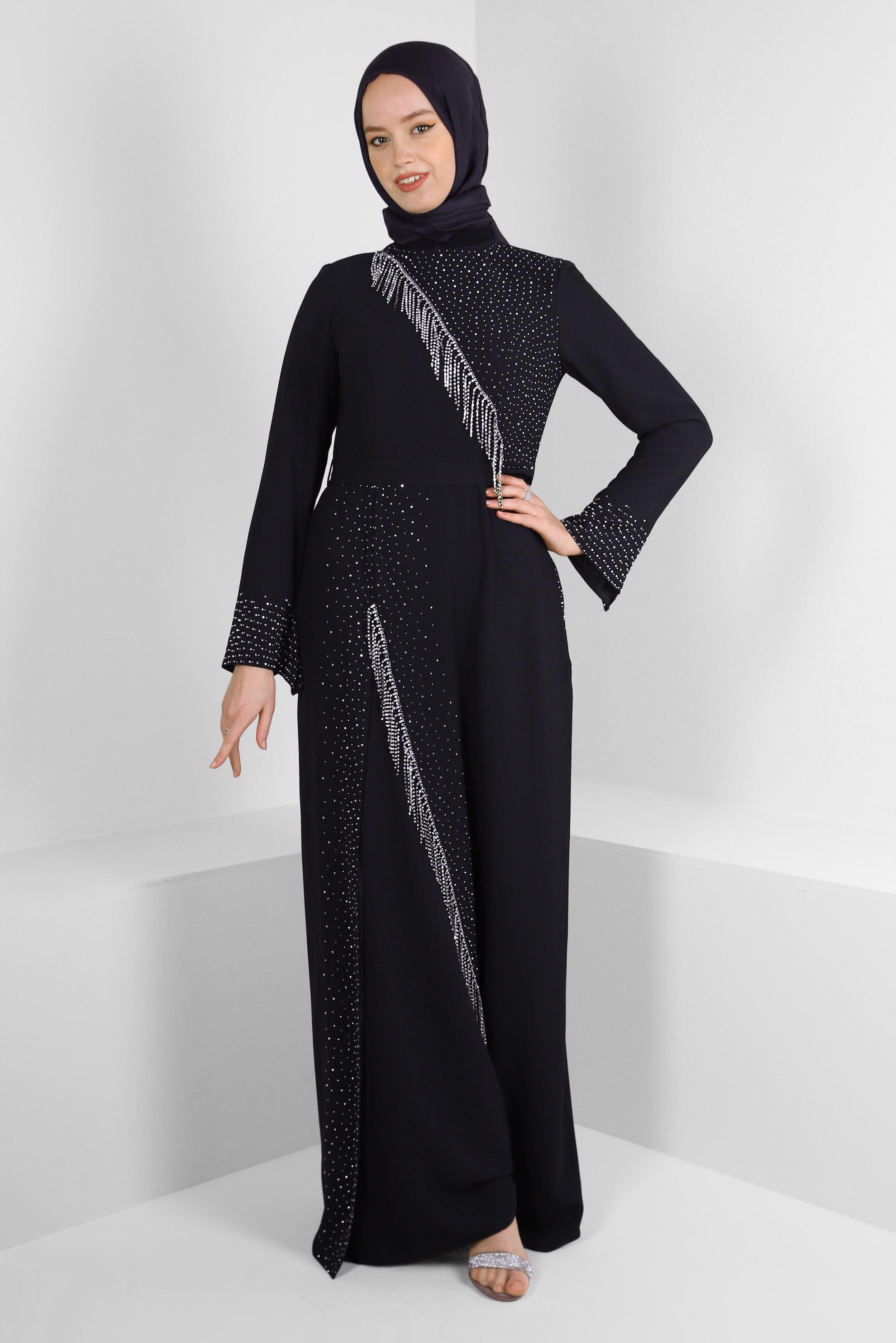 Tesettür giyim SİYAH TAŞ İŞLEMELİ ZİNCİR DETAYLI ABİYE ELBİSE 50381