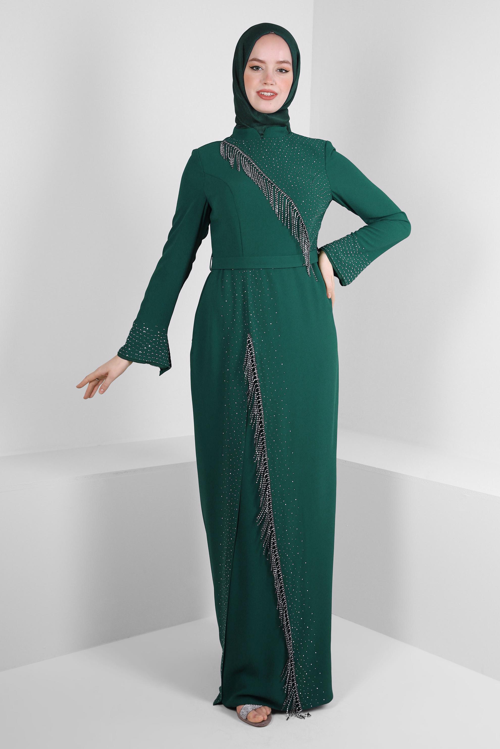 Tesettür giyim YEŞİL TAŞ İŞLEMELİ ZİNCİR DETAYLI ABİYE ELBİSE 50381