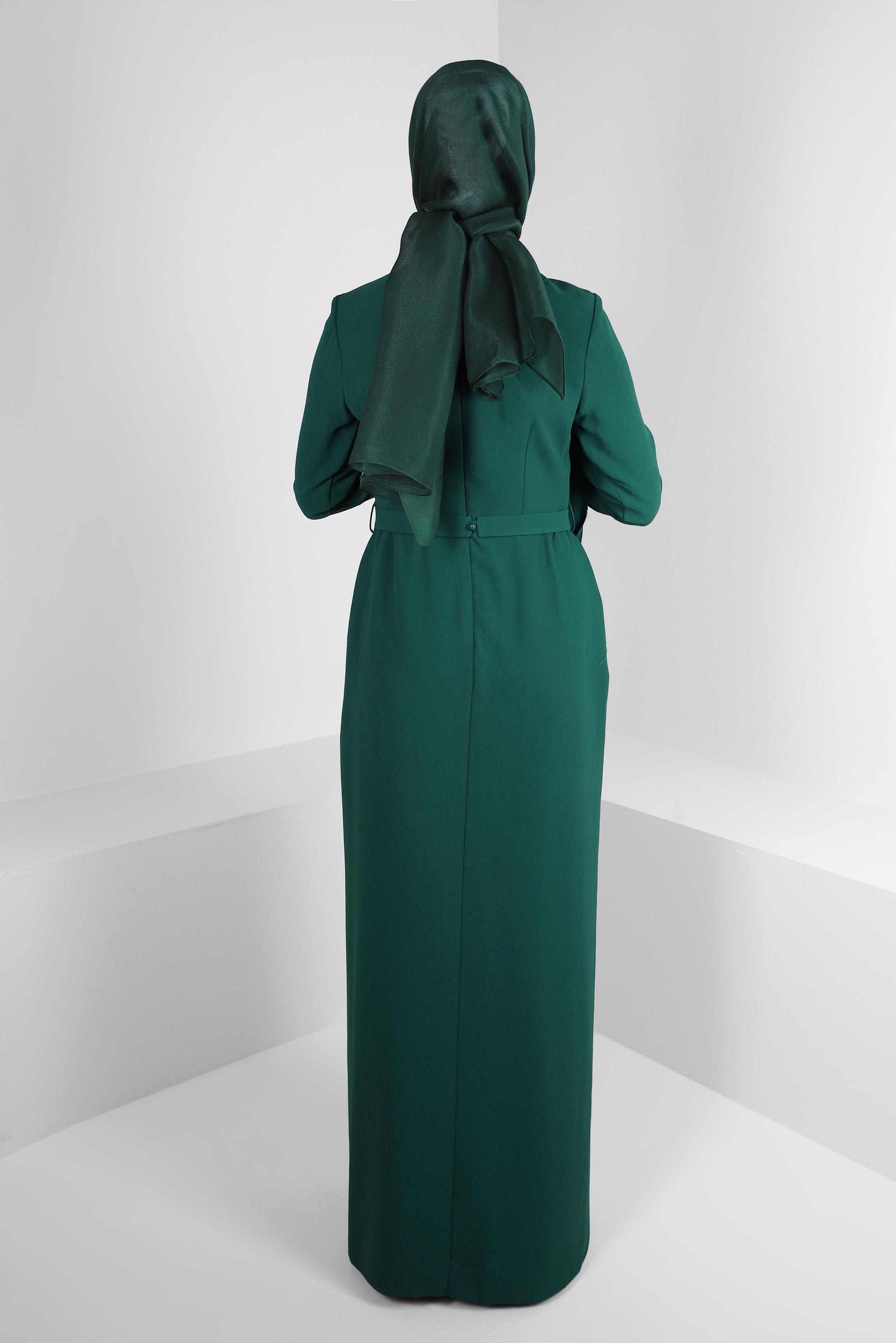 Tesettür giyim YEŞİL TAŞ İŞLEMELİ ZİNCİR DETAYLI ABİYE ELBİSE 50381