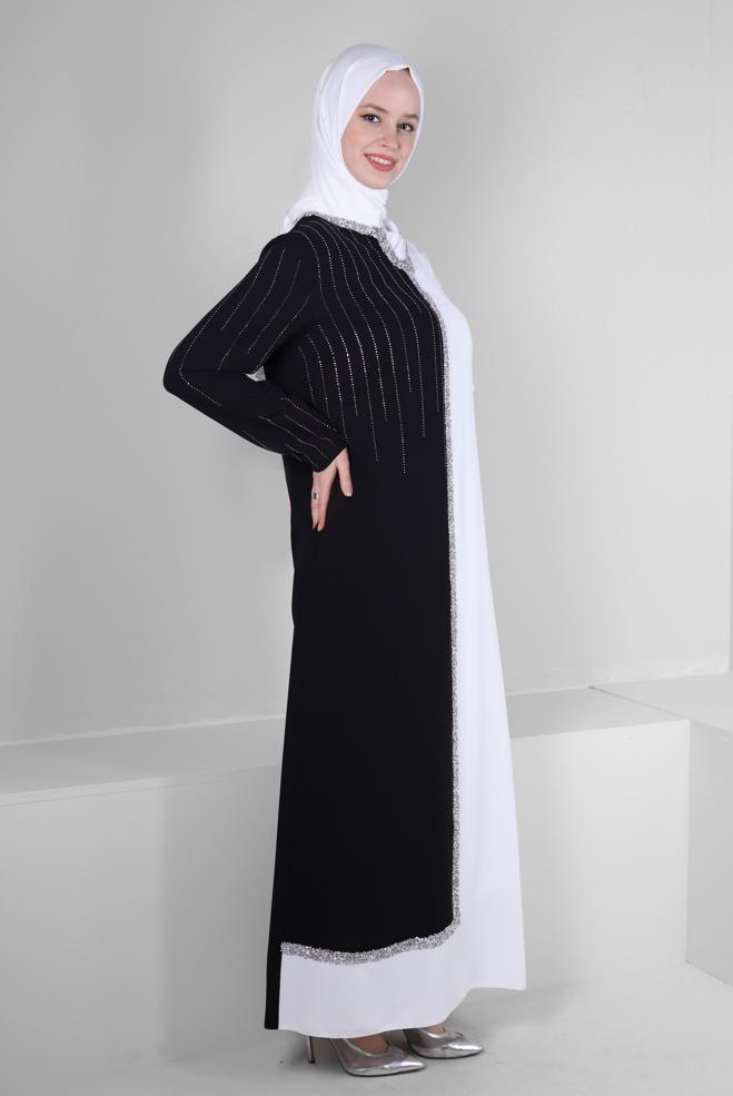 Vêtements hijab NOIR ROBE DE SOIRÉE BIJOUX DOUBLE COULEUR 50382 - ALVİNA