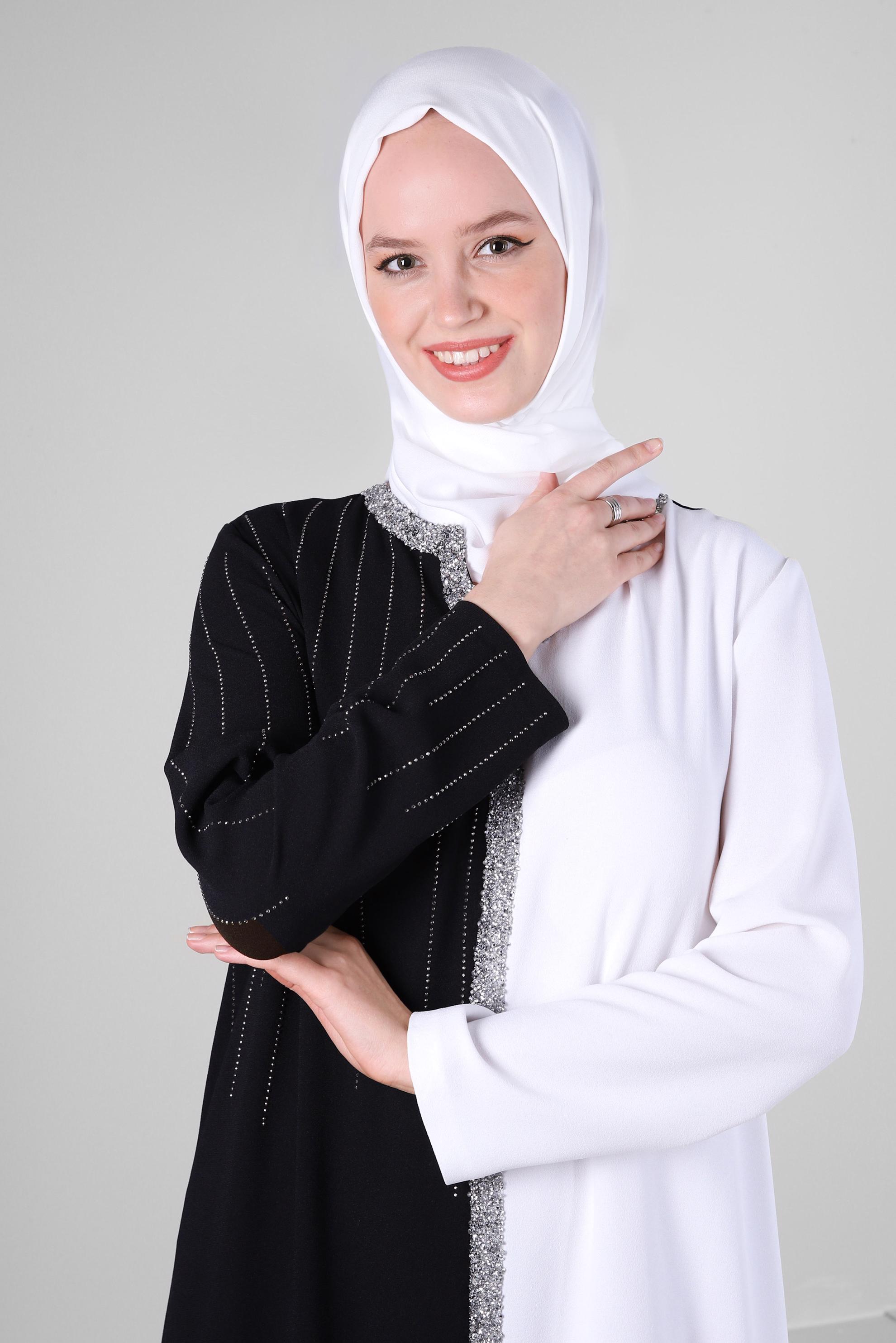 Tesettür giyim SİYAH İKİ RENKLİ TAŞ İŞLEMELİ ABİYE ELBİSE 50382