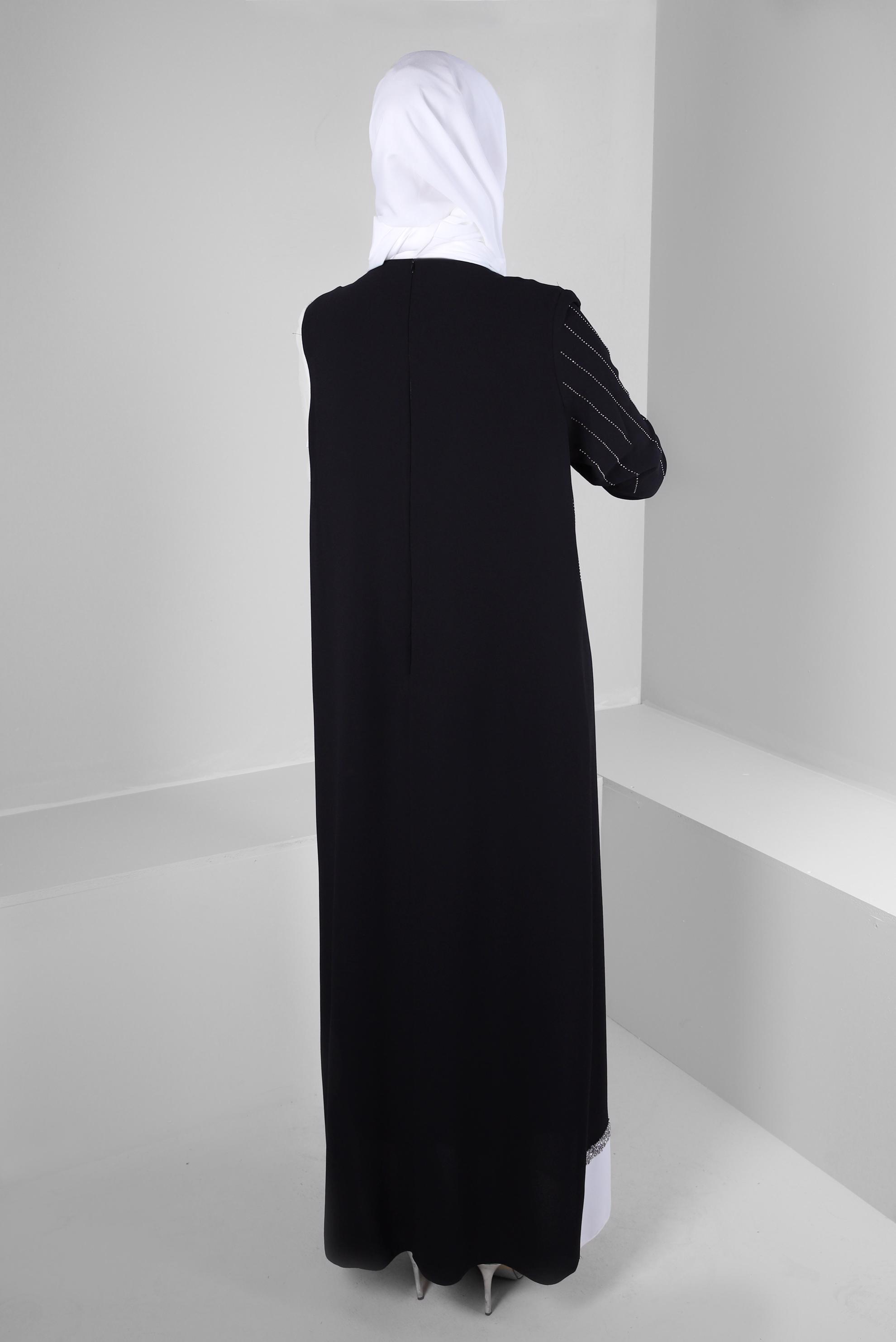 Tesettür giyim SİYAH İKİ RENKLİ TAŞ İŞLEMELİ ABİYE ELBİSE 50382