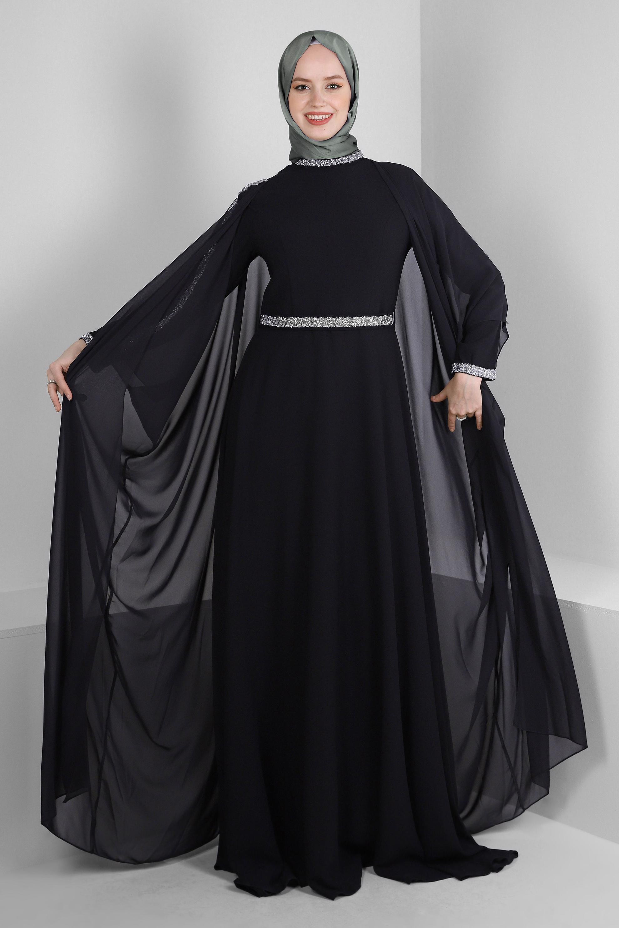 Tesettür giyim SİYAH TAŞ İŞLEMELİ PELERİNLİ İKİLİ ABİYE ELBİSE 50383