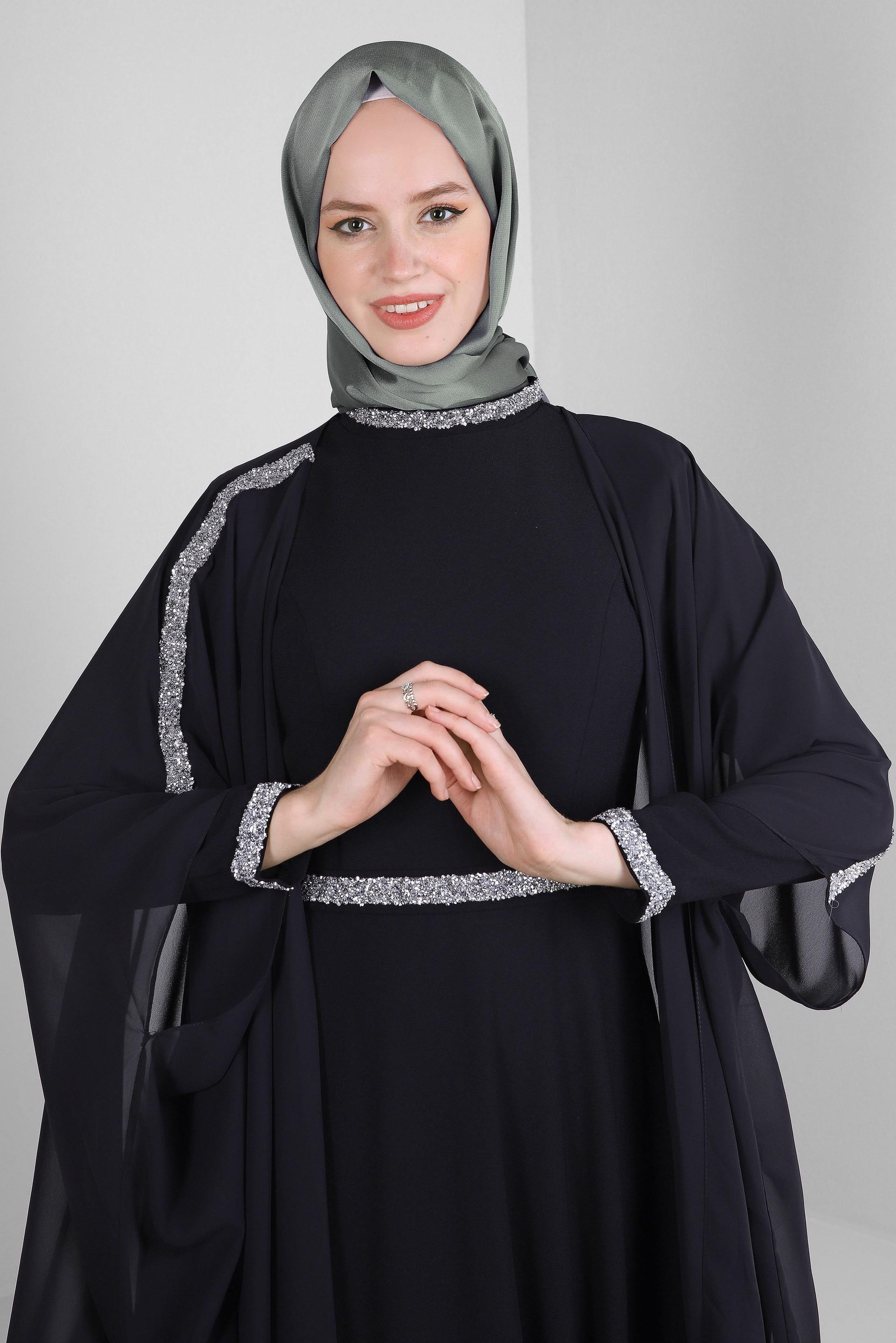 Tesettür giyim SİYAH TAŞ İŞLEMELİ PELERİNLİ İKİLİ ABİYE ELBİSE 50383