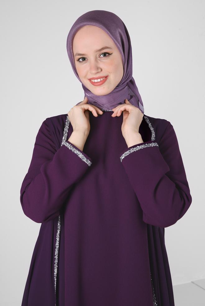 Vêtements hijab PRUNE ROBE DE SOIRÉE 2 PIÈCES BRODÉES DE GEMMES AVEC CAPE 50384 - ALVİNA